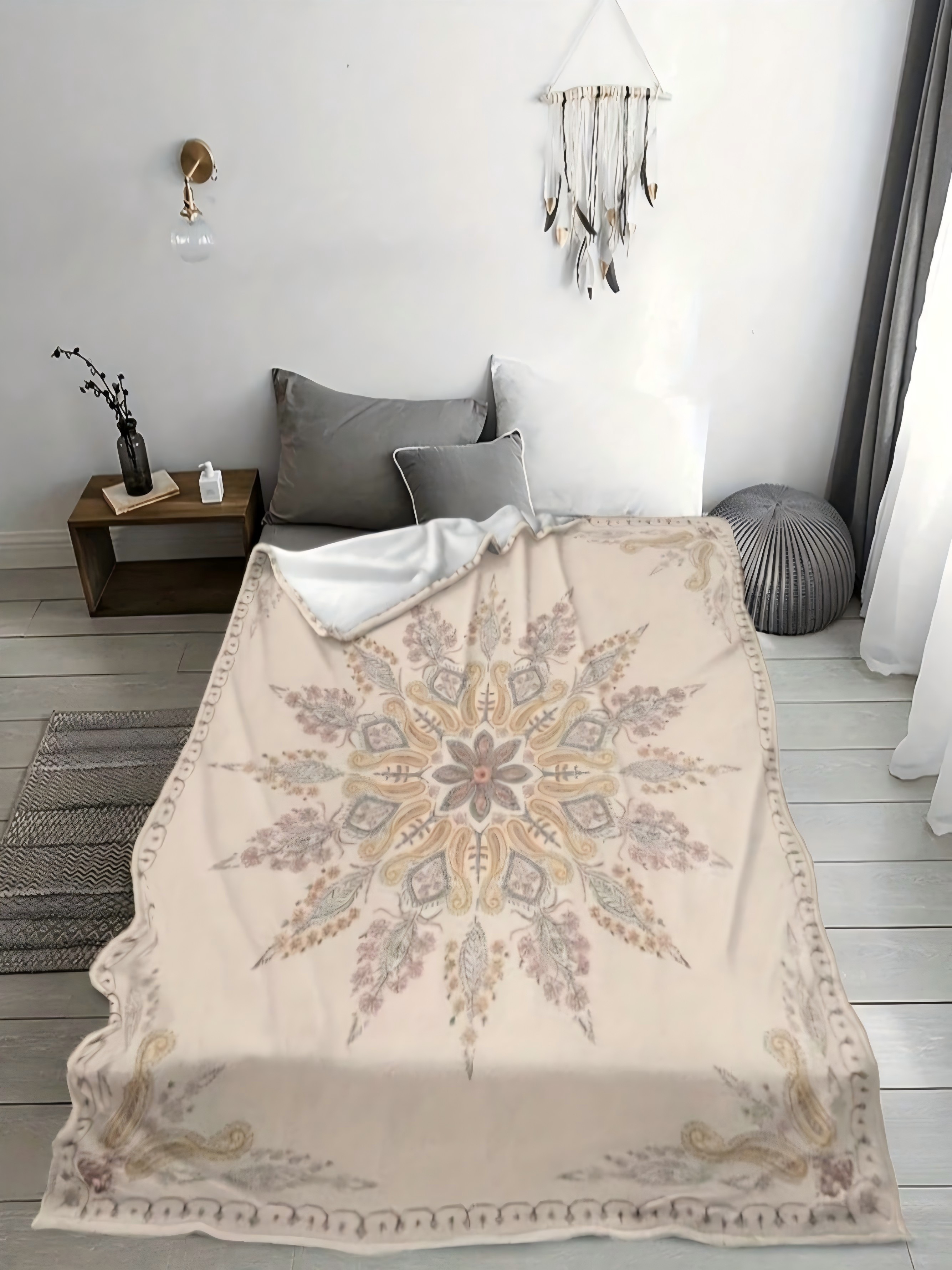 Vintage Beige Mandala Paisley Flannel Blanket, 50X60 Inch