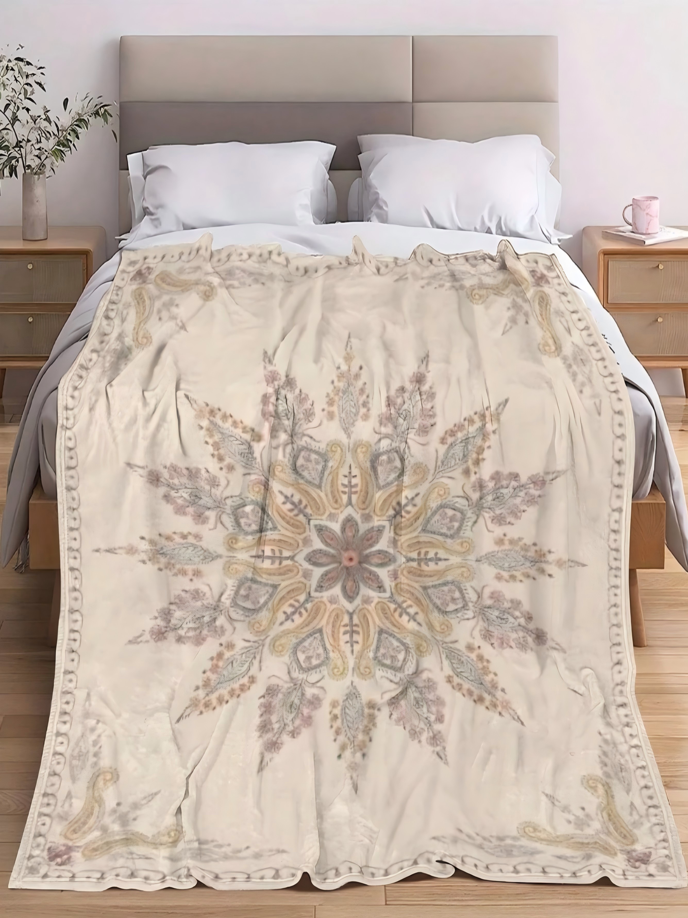 Vintage Beige Mandala Paisley Flannel Blanket, 50X60 Inch