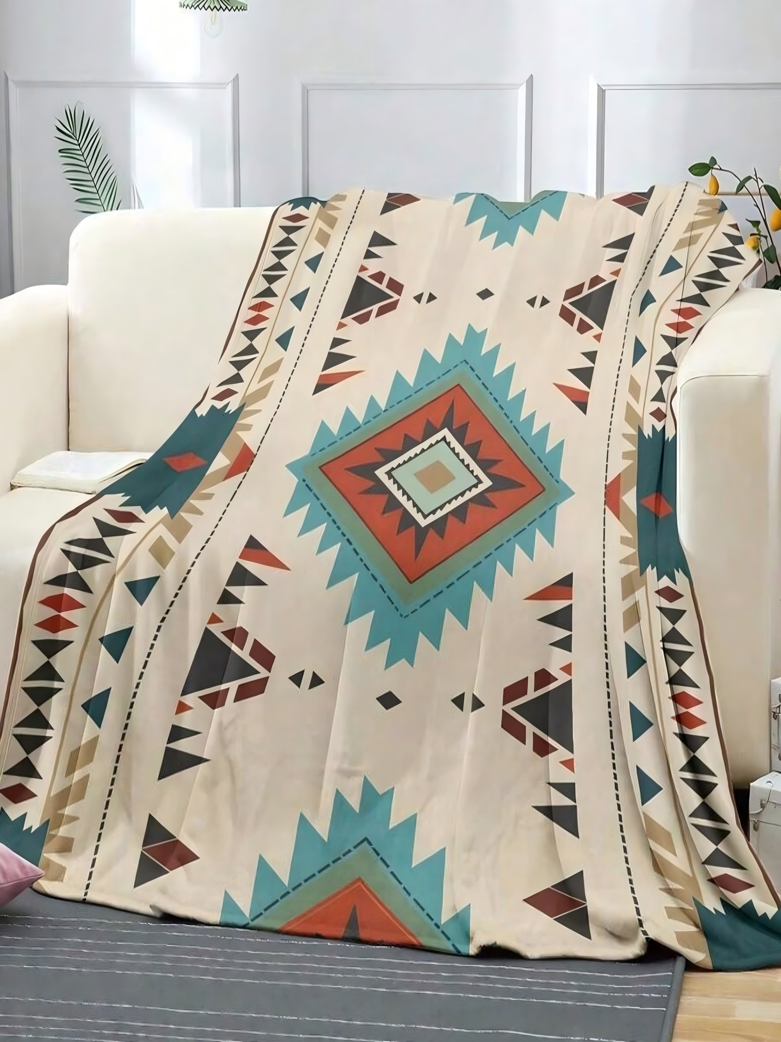 Geometric Flannel Blanket - Beige Aztec Print 30X40 Inch