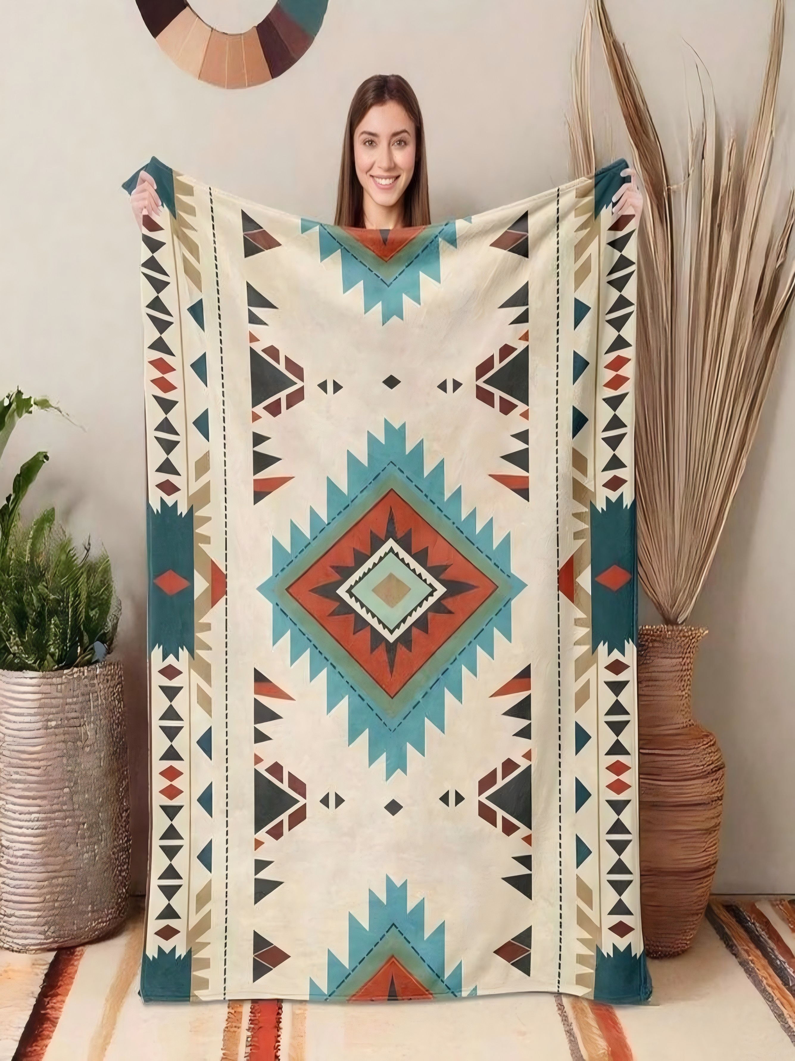 Geometric Flannel Throw Blanket Beige, 40X50