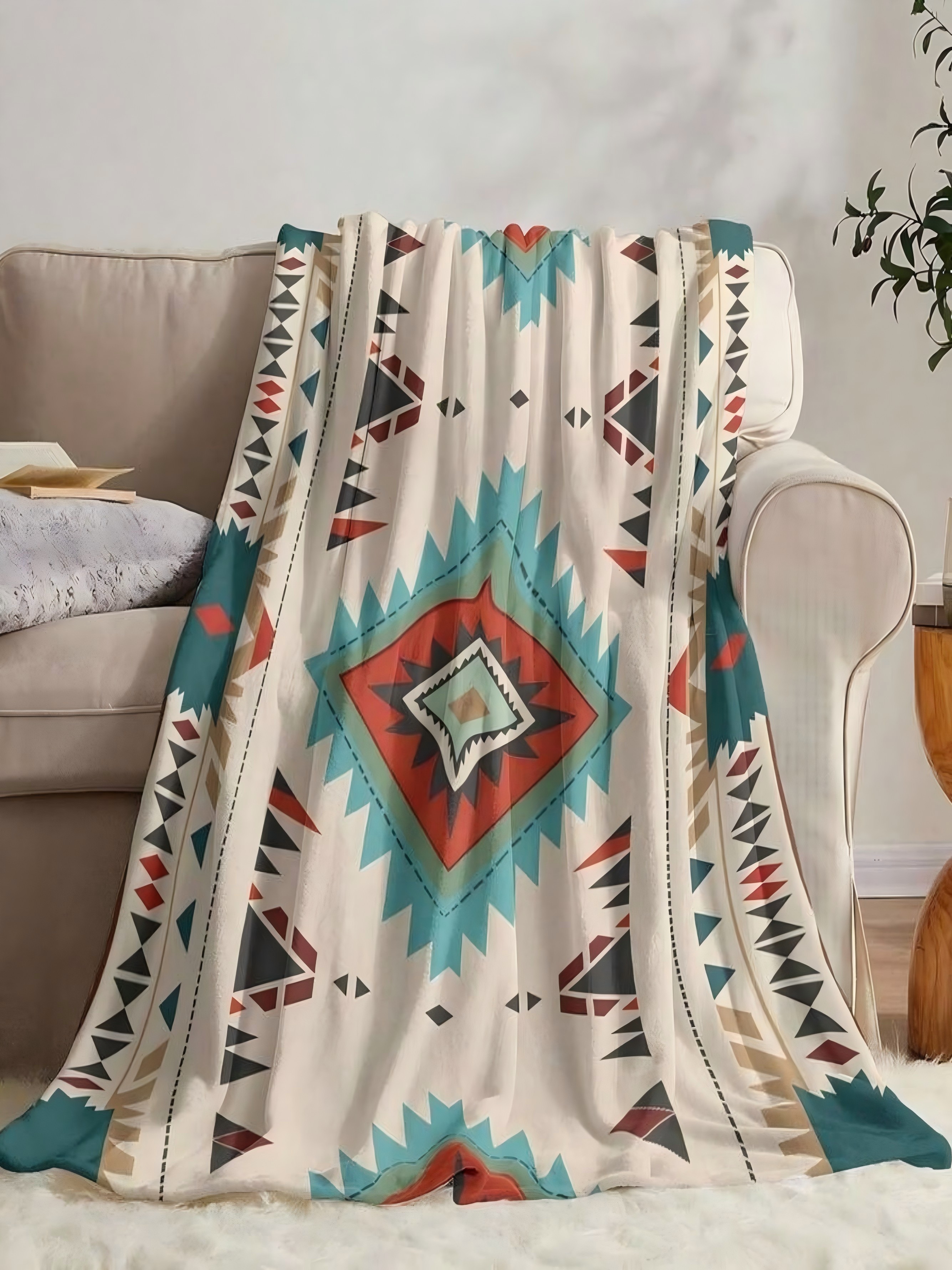 Southwestern Aztec Geometric Flannel Blanket - Beige, 50x60 Inch