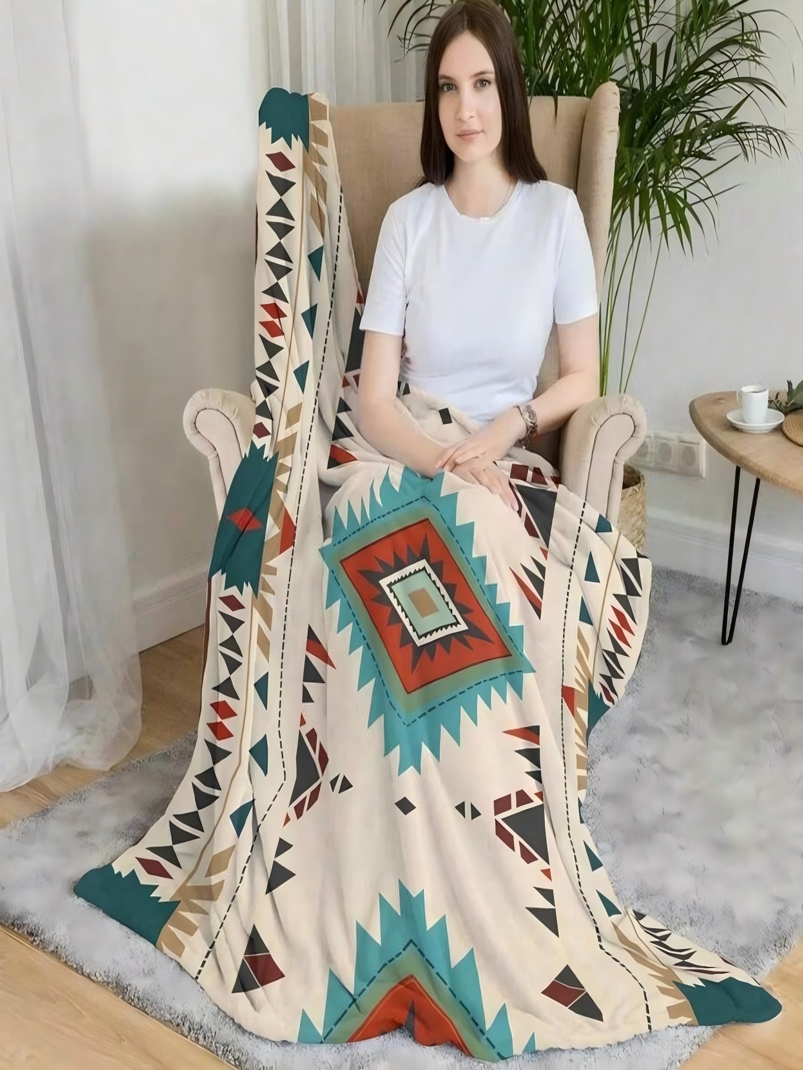 Southwestern Aztec Geometric Flannel Blanket - Beige, 50x60 Inch