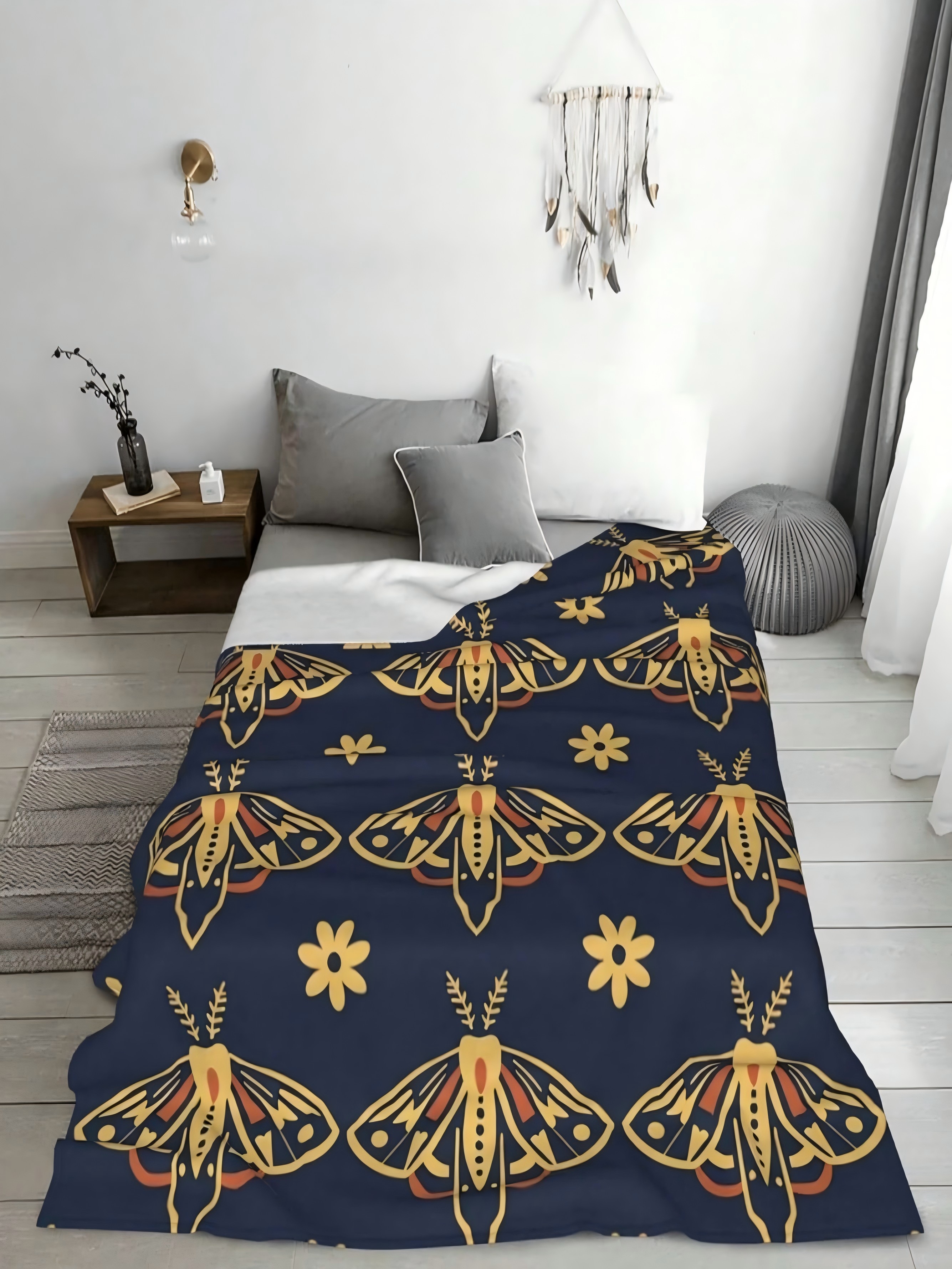 Mystic Moth and Floral Pattern Blue Flannel Blanket 40x50 inch