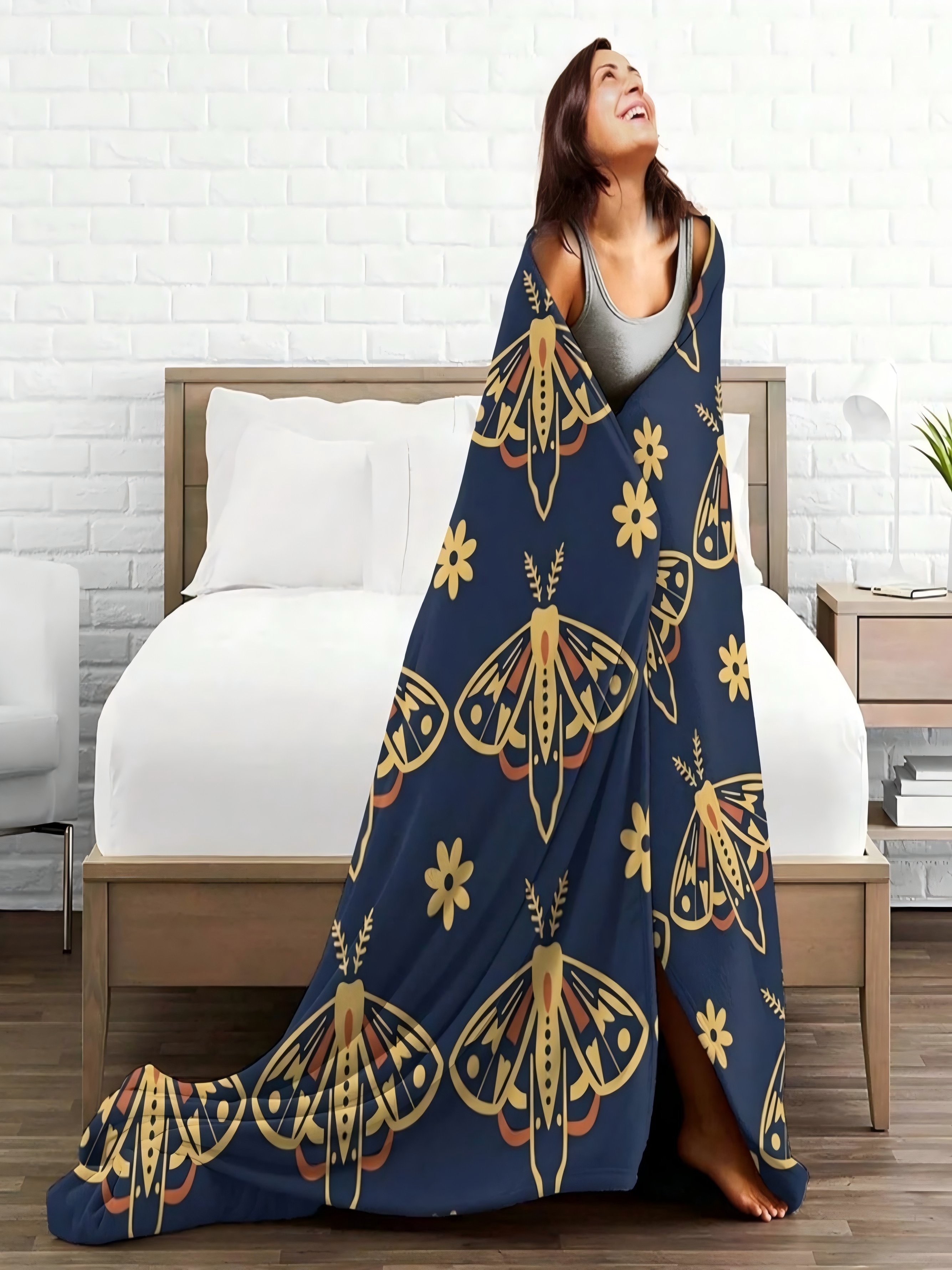 Mystic Moth and Floral Pattern Blue Flannel Blanket 40x50 inch