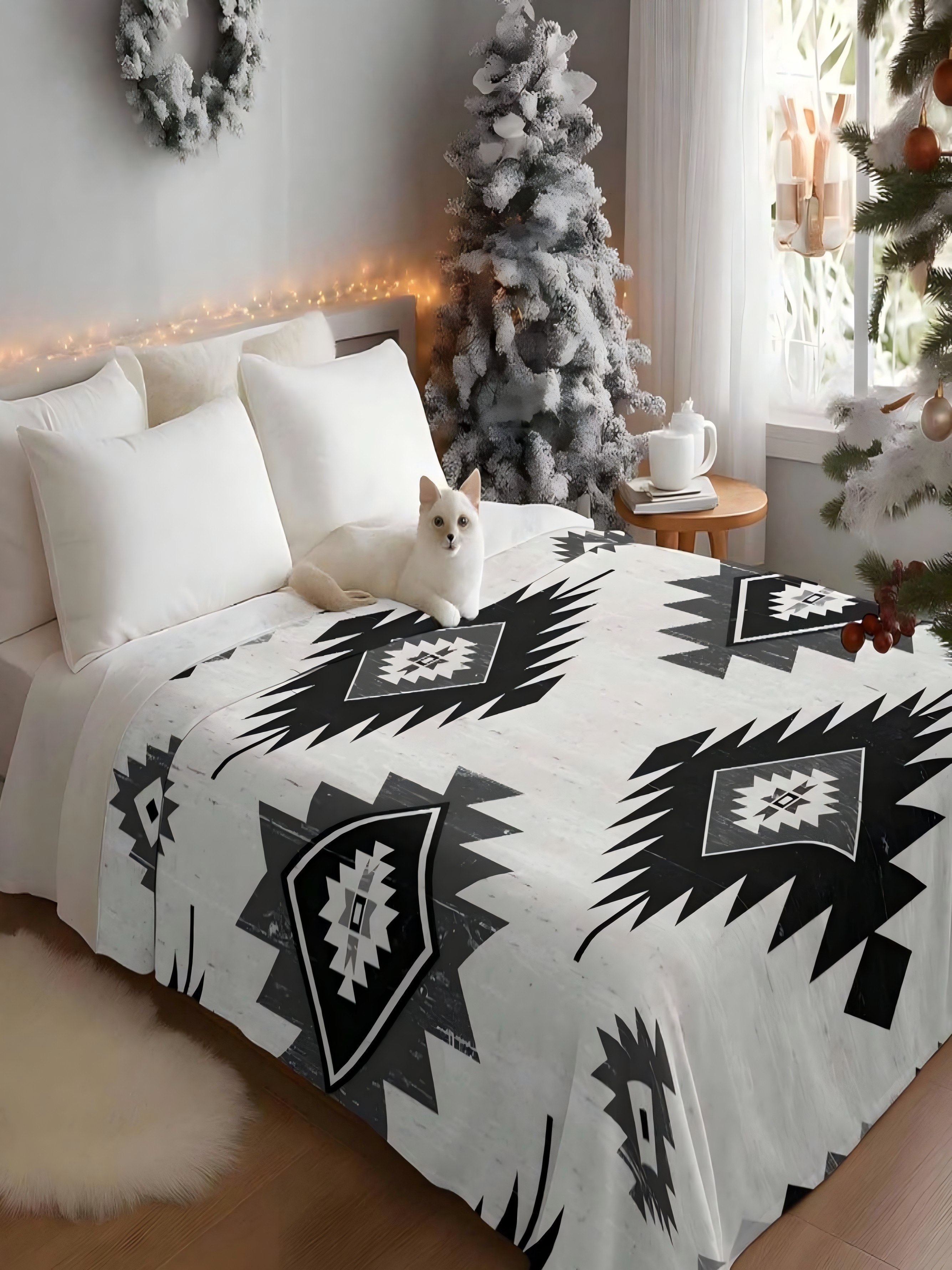 White and Black Aztec Geometric Flannel Blanket 30x40