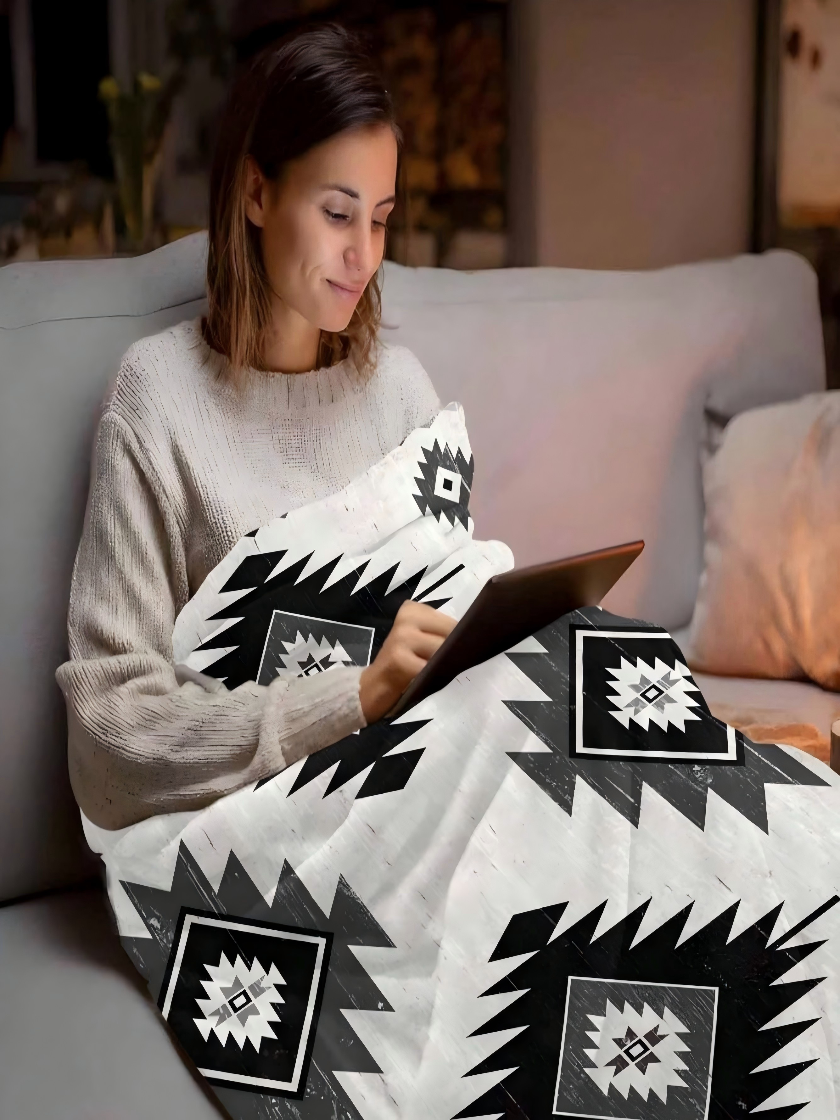 White and Black Aztec Geometric Flannel Blanket 30x40