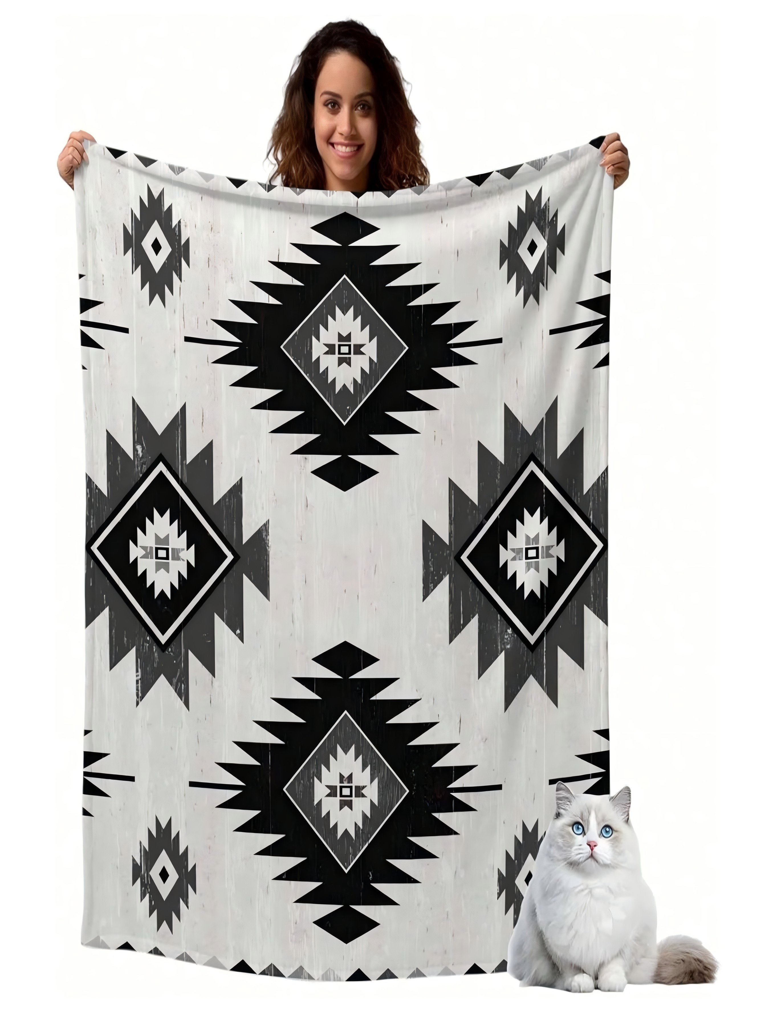 Geometric Aztec Design White Flannel Blanket 50X60