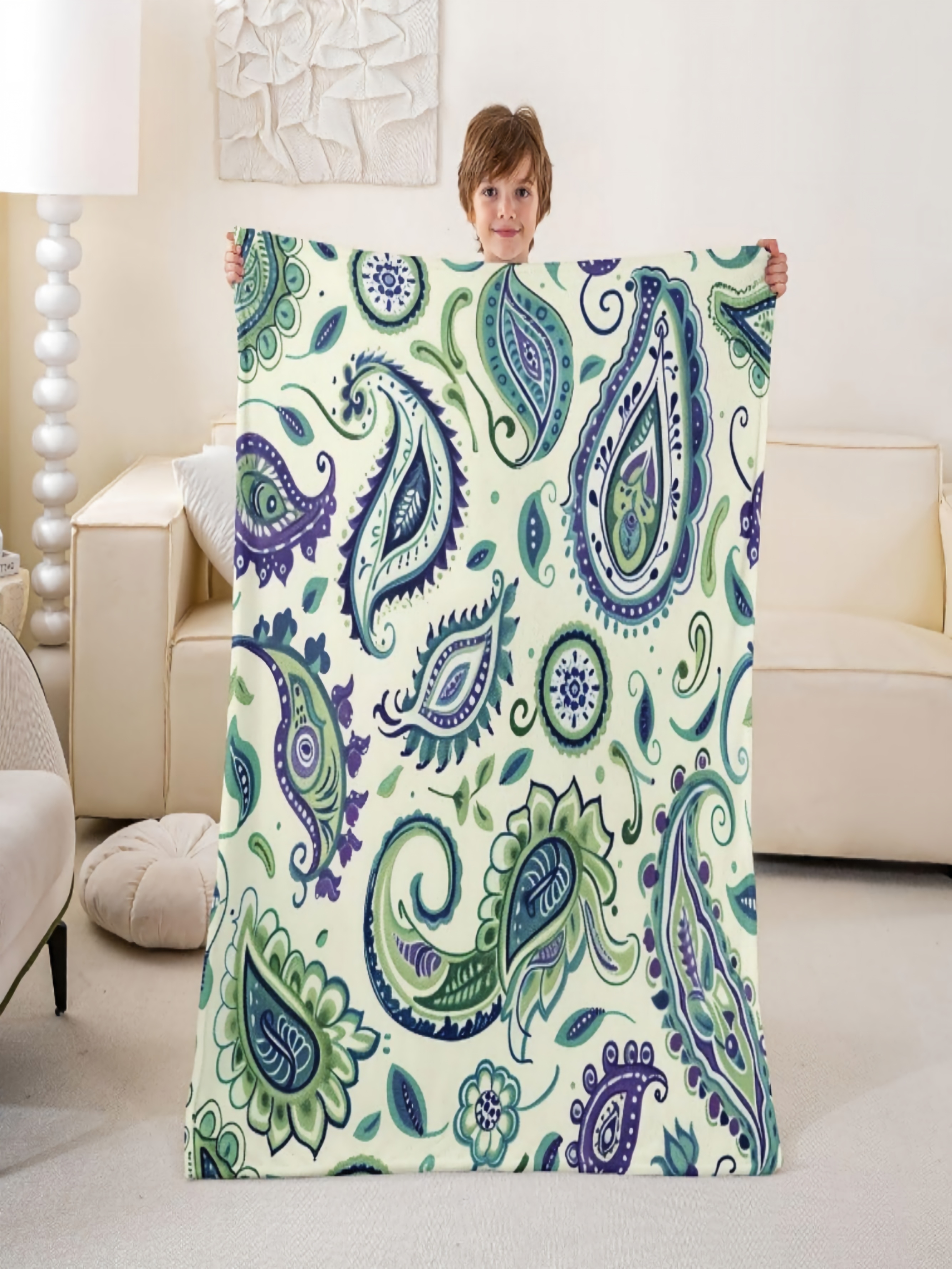Paisley Flannel Throw Blanket - Green and Purple Floral Design