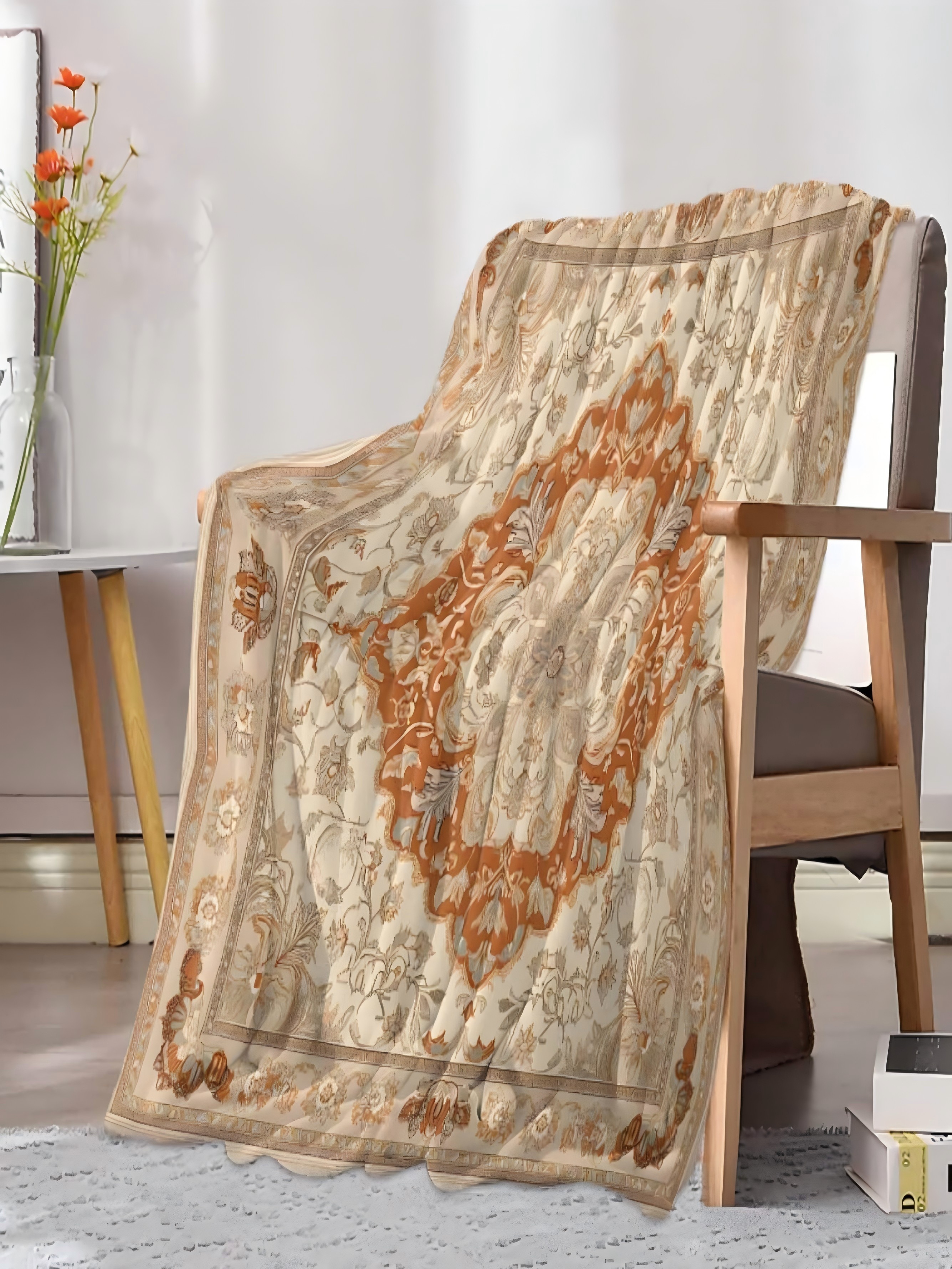 Beige Patterned Throw Blanket Woven Design