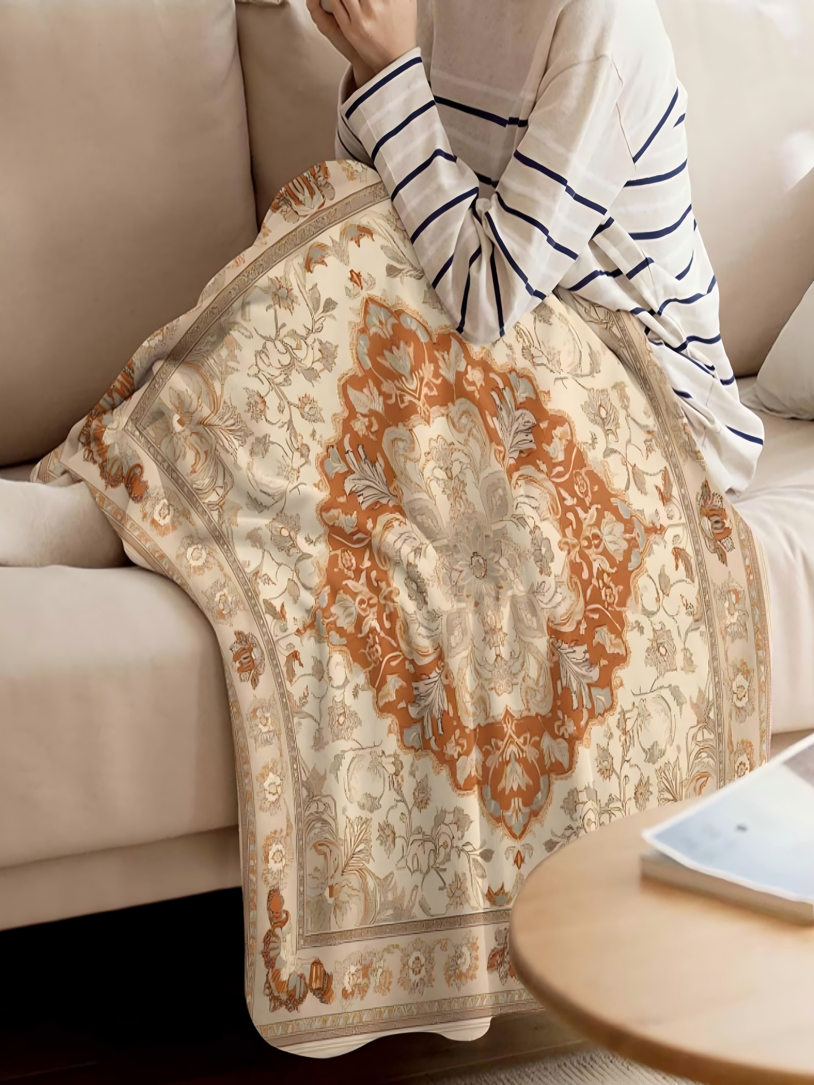 Beige Patterned Throw Blanket Woven Design