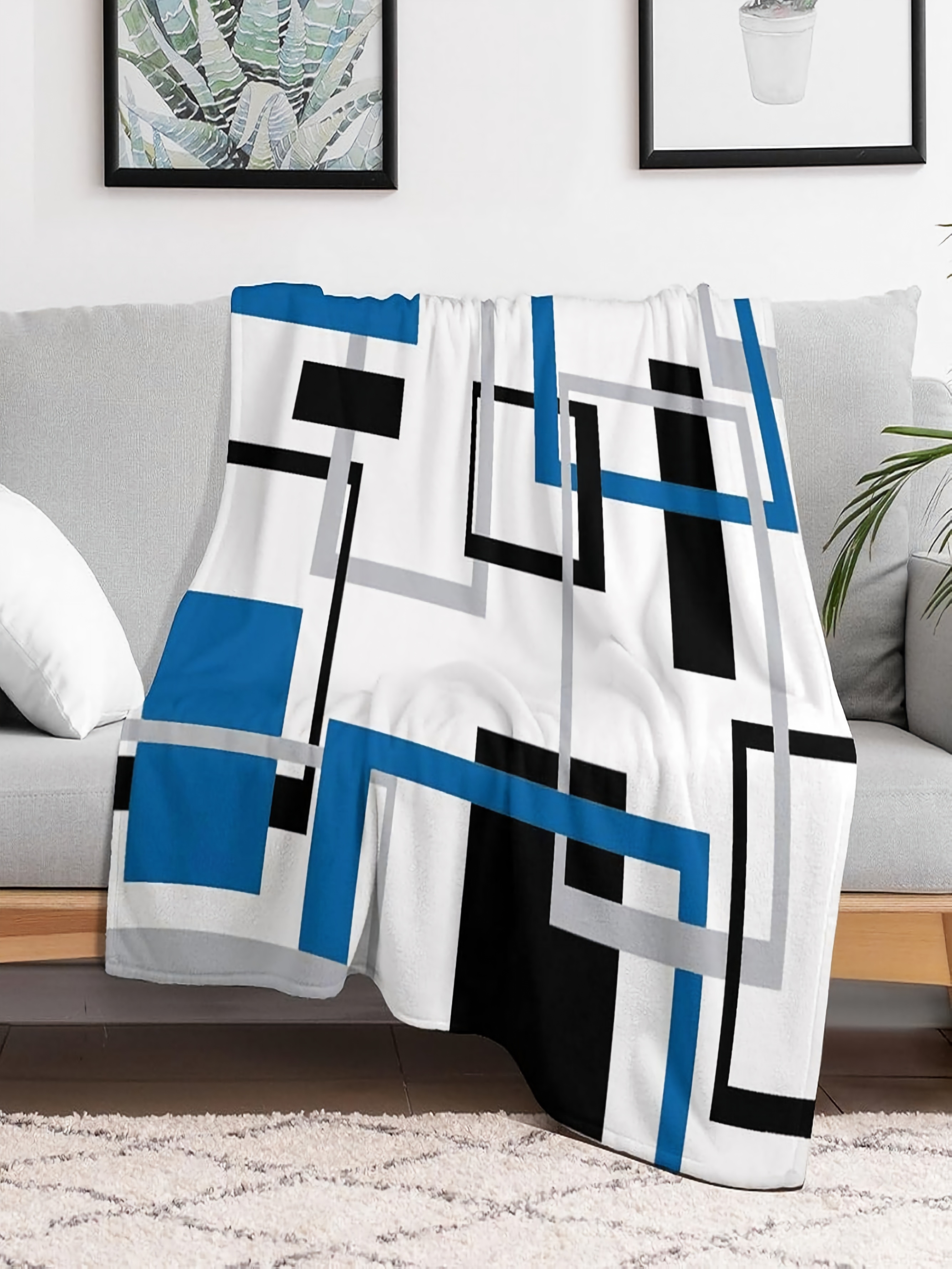 Geometric Square Throw Blanket - White and Blue 30x40 inch
