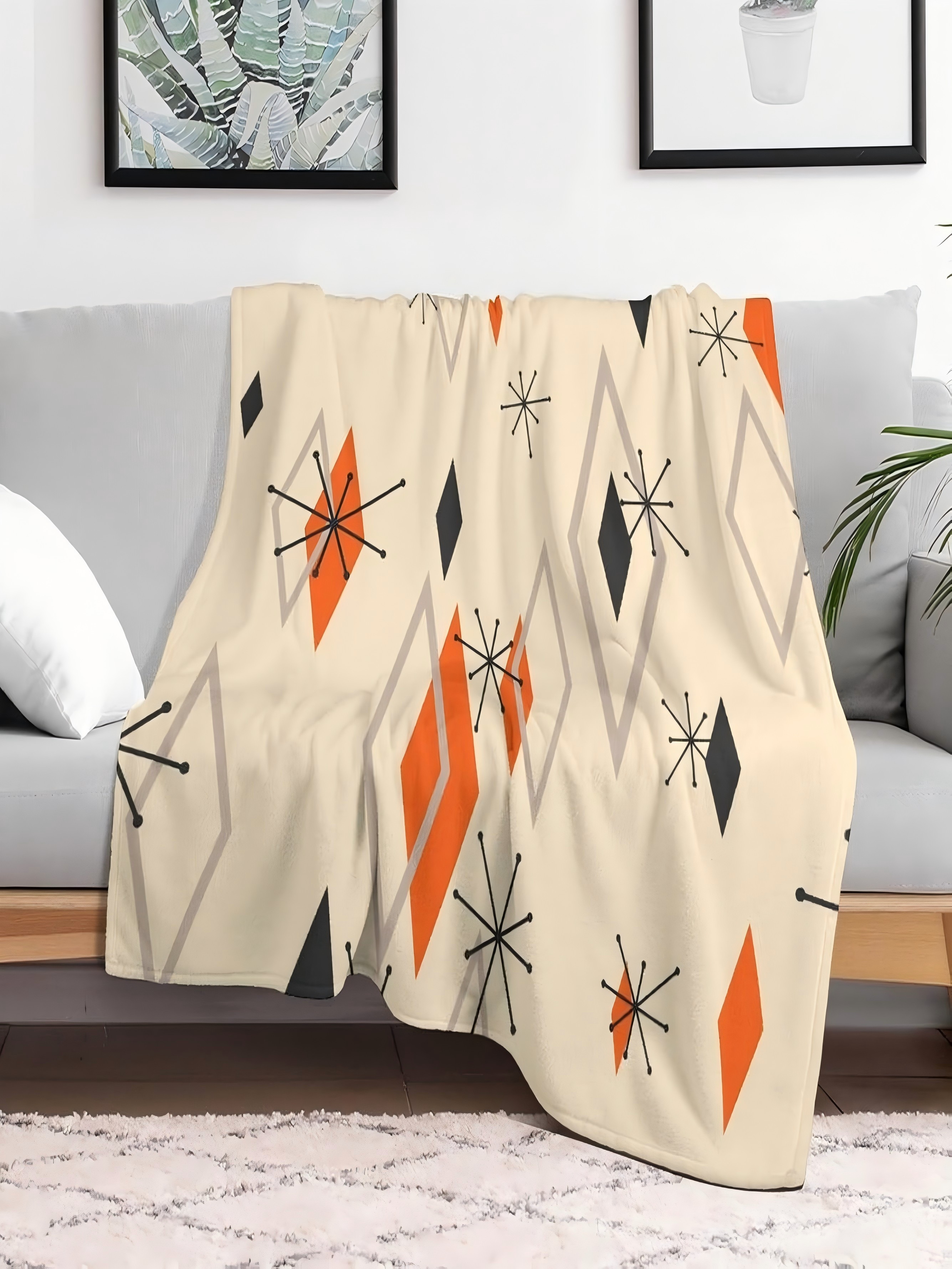 Mid-Century Geometric Beige Throw Blanket 1Pc