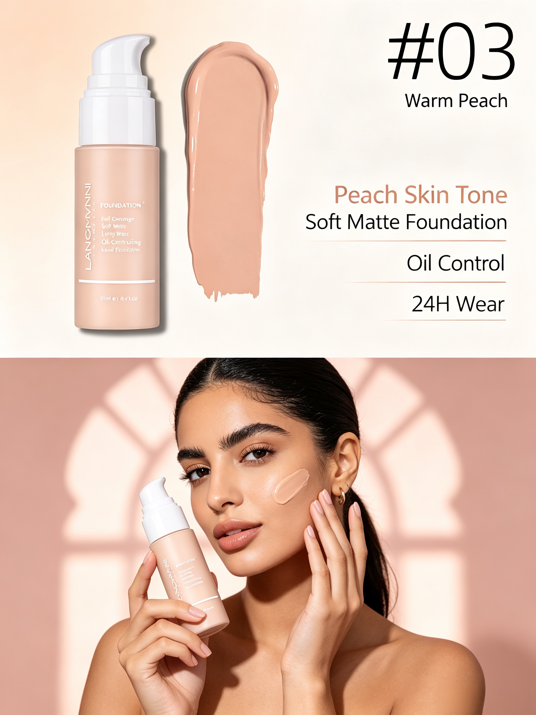 LANGMYNNI Warm Peach Buildable Coverage Foundation - Long-Lasting, Natural Finish for All Skin Types