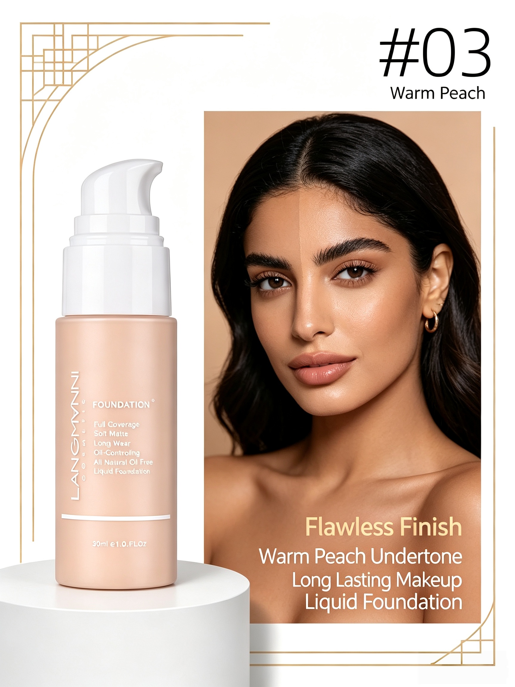 LANGMYNNI Warm Peach Buildable Coverage Foundation - Long-Lasting, Natural Finish for All Skin Types