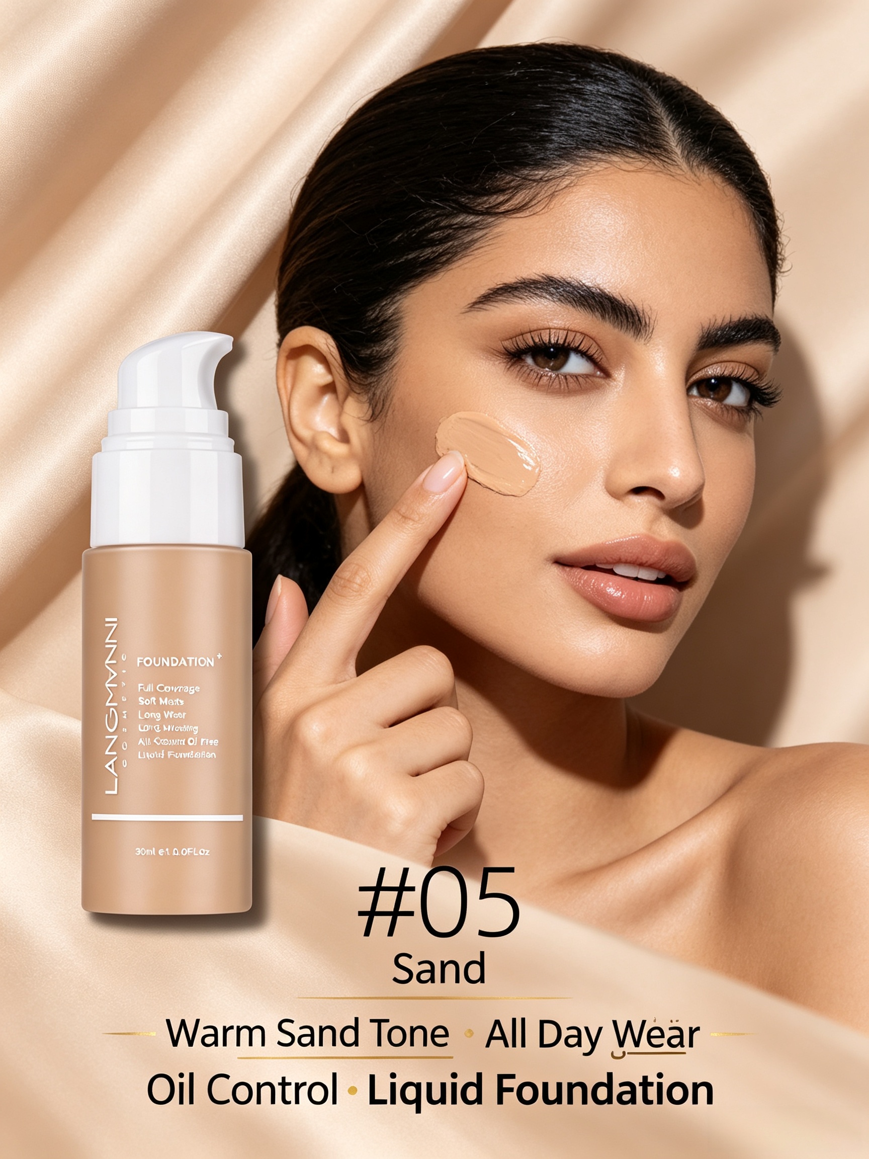 LANGMYNNI #05 Warm Sand Tone Liquid Foundation - Long-Lasting, Natural Finish and Oil Control for All Skin Types