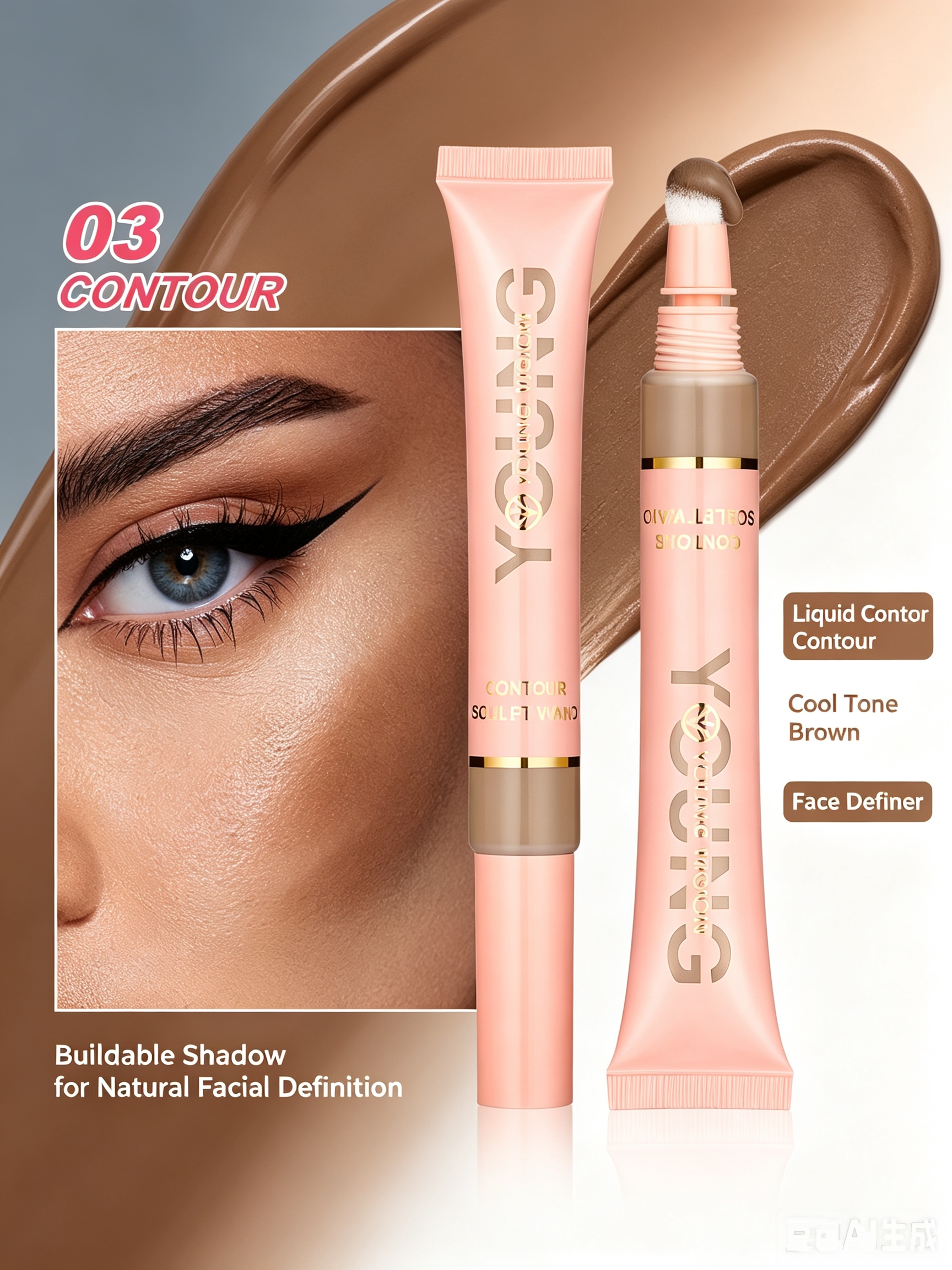 #03 YOUNG VISION Liquid Contour Wand, 10ml Cool?Tone Brown Buildable Cream Contour, Easy?Blend Sculpting Liquid Contour for Defined Facial Structure, Long?Lasting Face Makeup for All Skin Tones