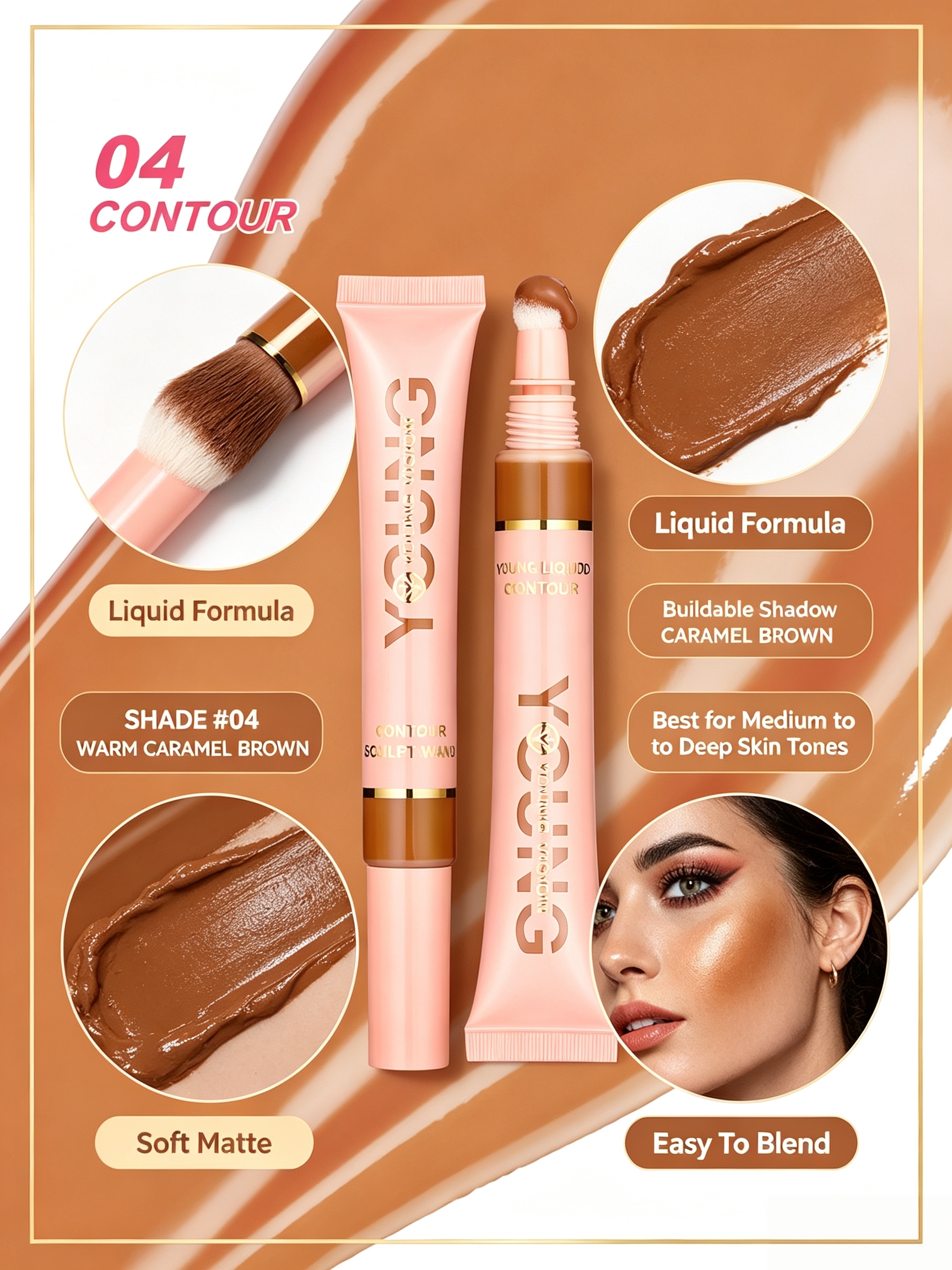 #04 YOUNG VISION Liquid Contour Wand, 10ml Cool?Tone Brown Buildable Cream Contour, Easy?Blend Sculpting Liquid Contour for Defined Facial Structure, Long?Lasting Face Makeup for All Skin Tones