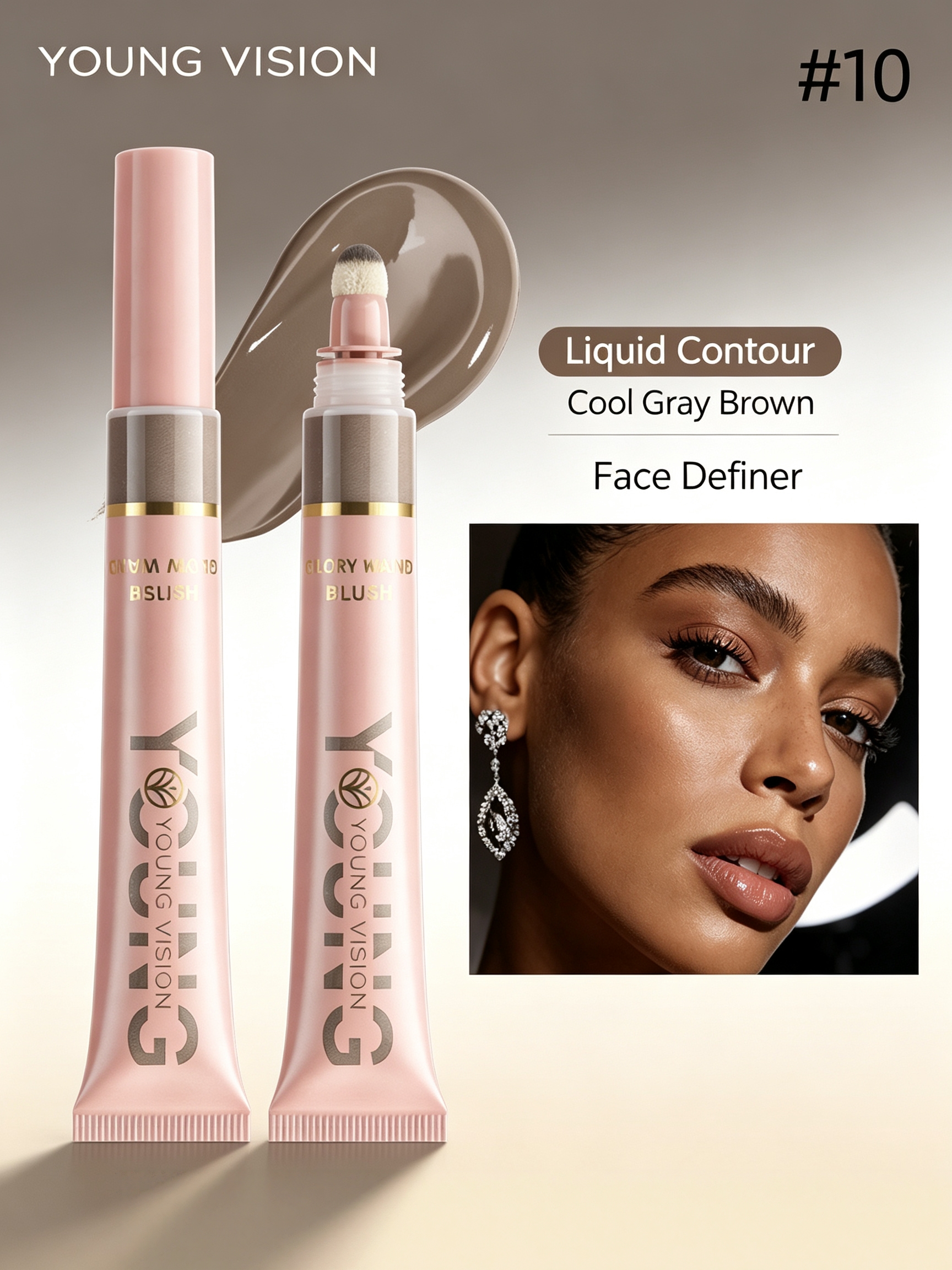 #10 YOUNG VISION Liquid Contour Wand, 10ml Cool?Tone Brown Buildable Cream Contour, Easy?Blend Sculpting Liquid Contour for Defined Facial Structure, Long?Lasting Face Makeup for All Skin Tones