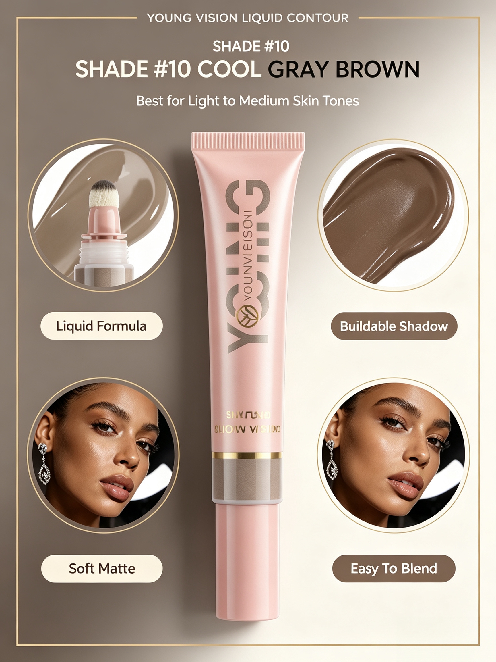 #10 YOUNG VISION Liquid Contour Wand, 10ml Cool?Tone Brown Buildable Cream Contour, Easy?Blend Sculpting Liquid Contour for Defined Facial Structure, Long?Lasting Face Makeup for All Skin Tones
