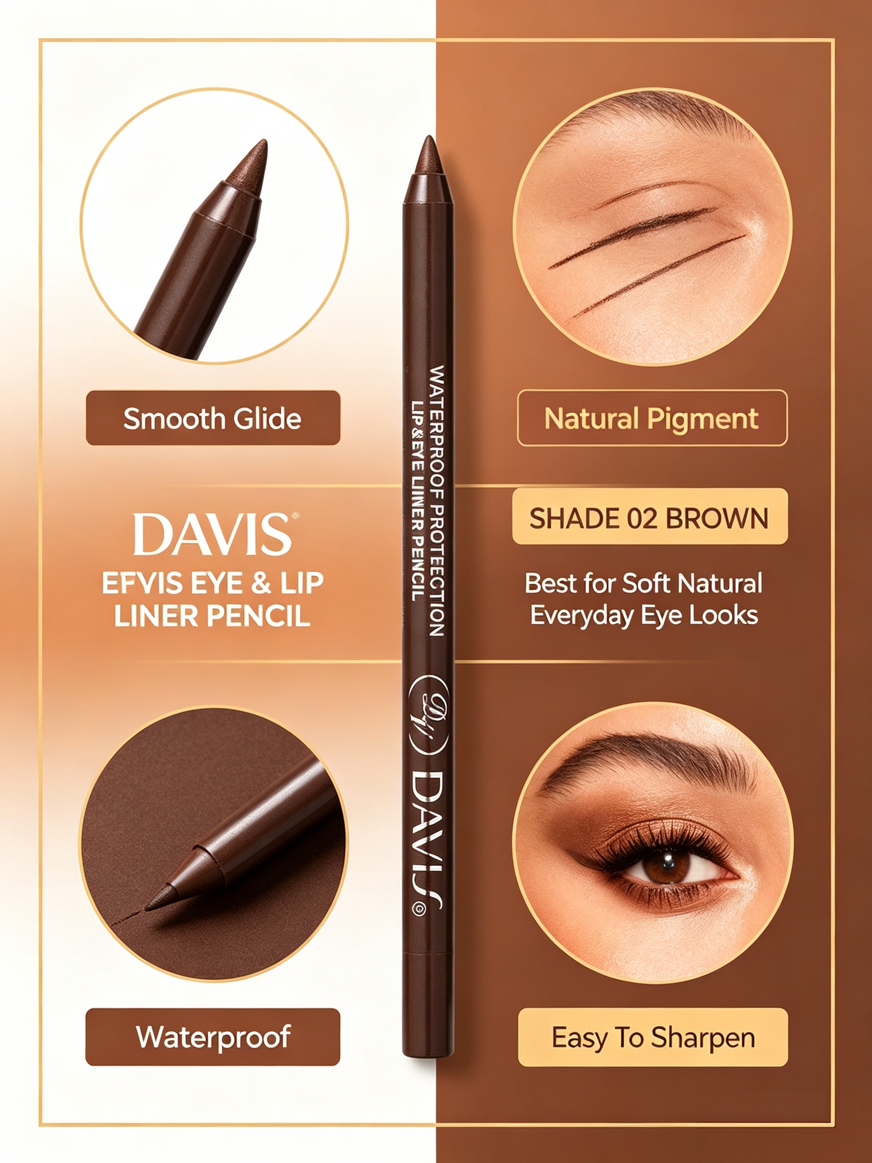 Long-Lasting Brown Eyeliner and Lip Pencil - Waterproof and Shimmer