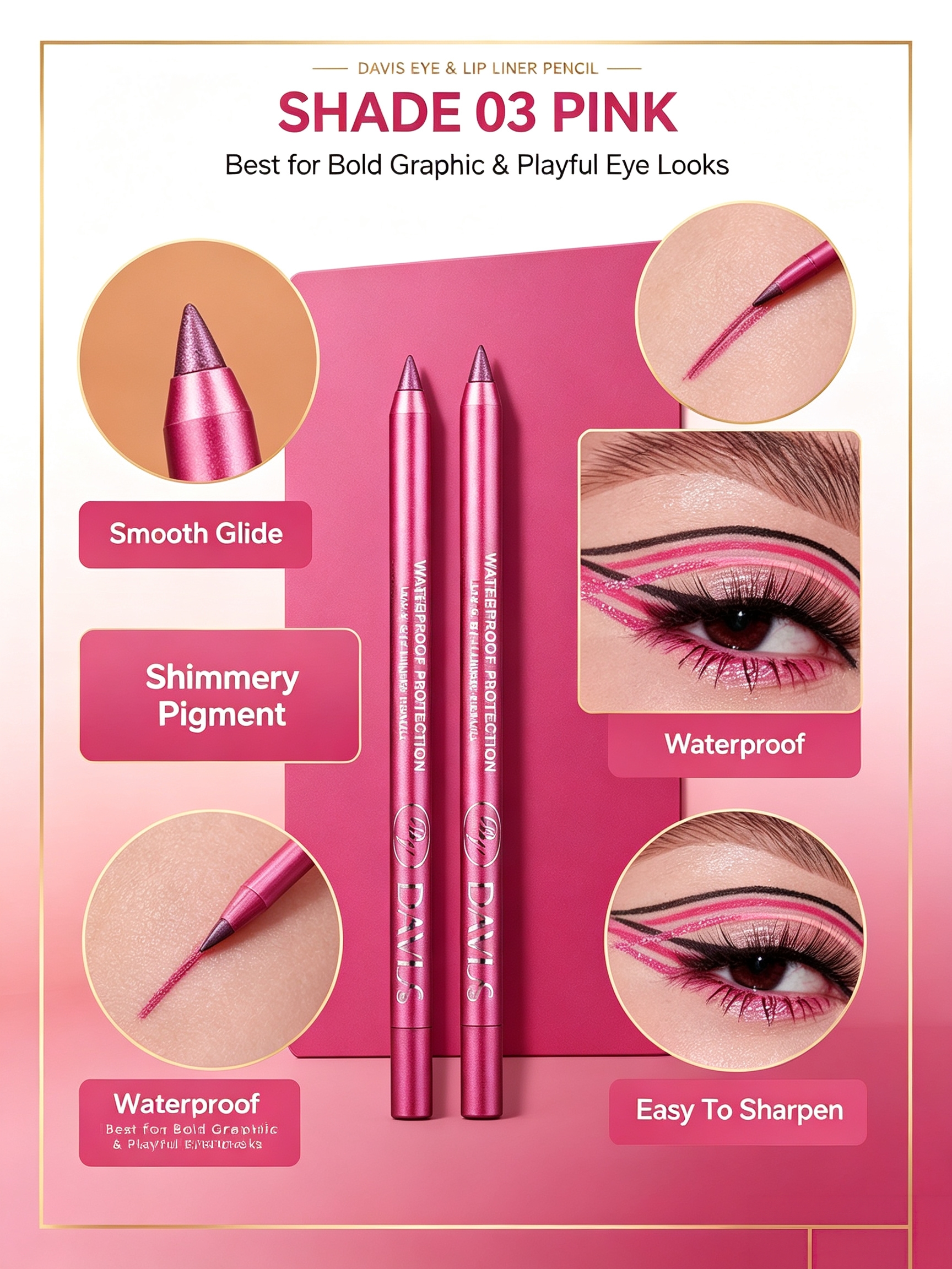 Pink Glitter Waterproof Eyeliner Pencil - Multi-use Eye and Lip Liner