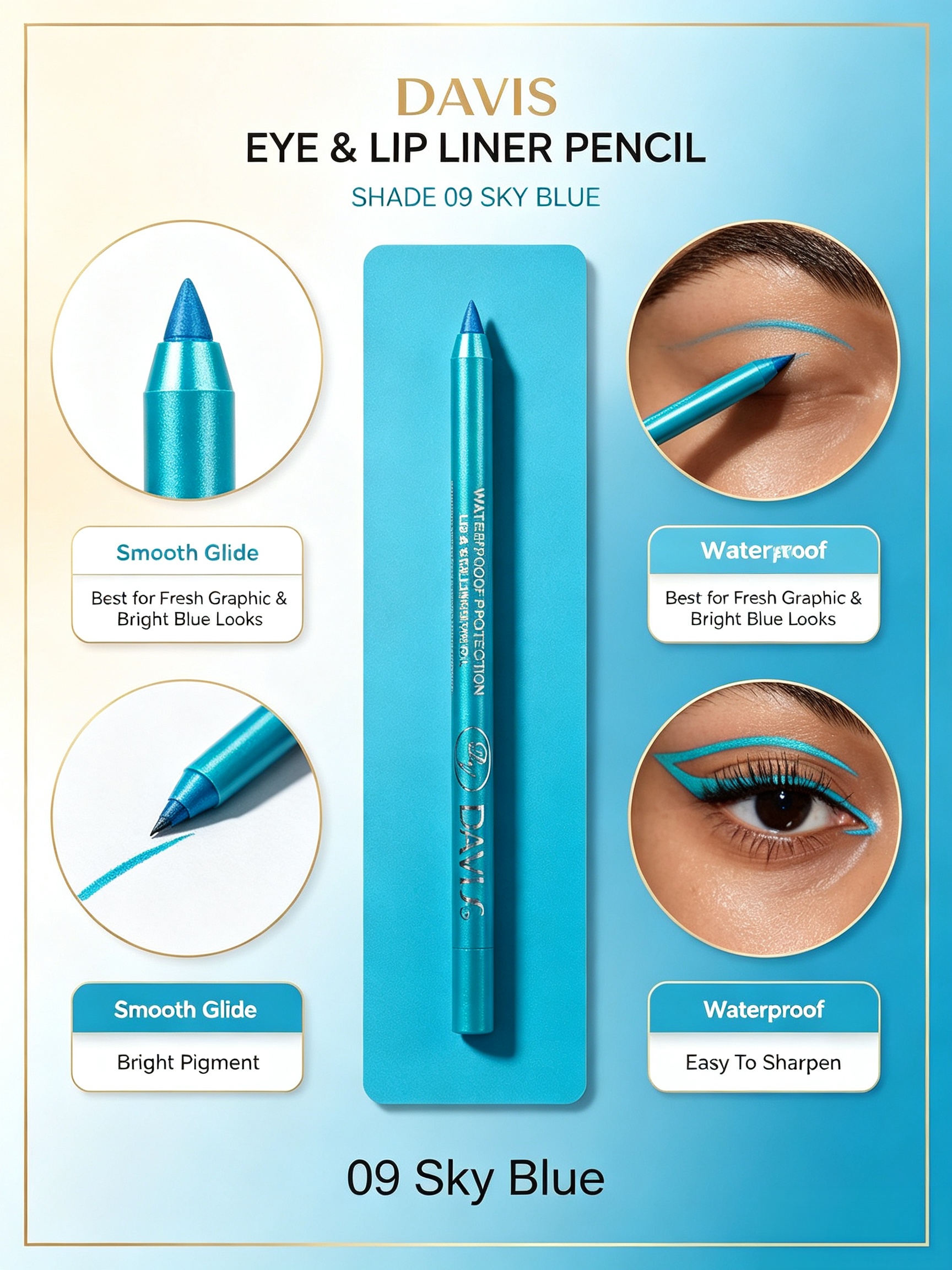 Long-Lasting Aqua Blue Waterproof Eyeliner and Lip Pencil