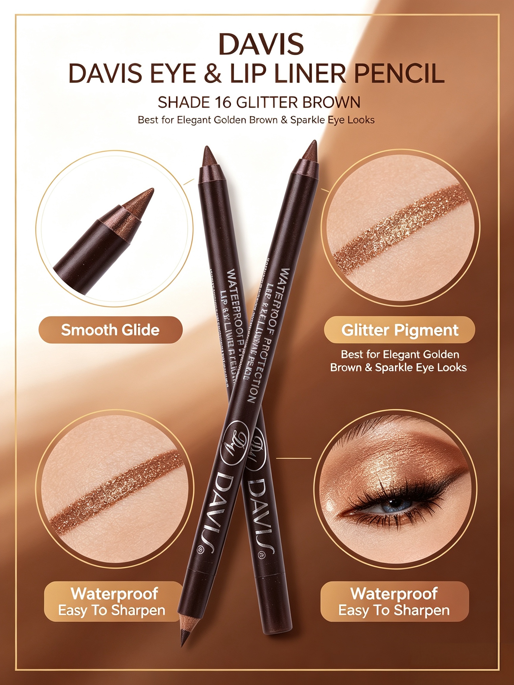 Coffee Brown Waterproof Eyeliner Pencil - Long Lasting Eye and Lip Liner