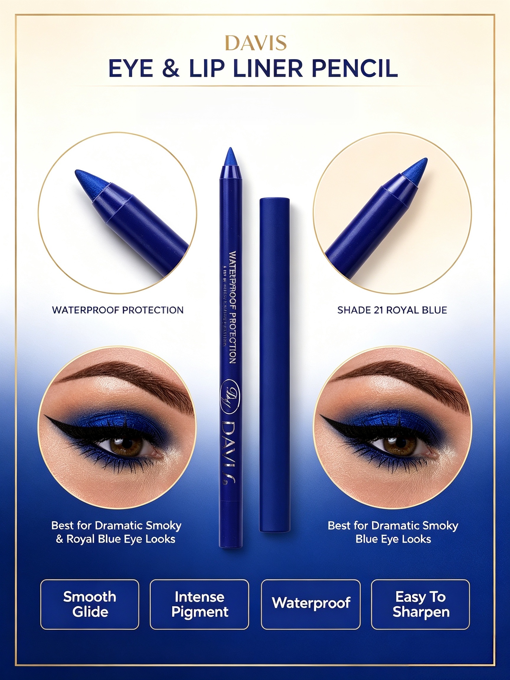 Davi.G #24 Navy Blue Waterproof Shimmer Eyeliner Pencil - Long-Lasting Eye and Lip Liner