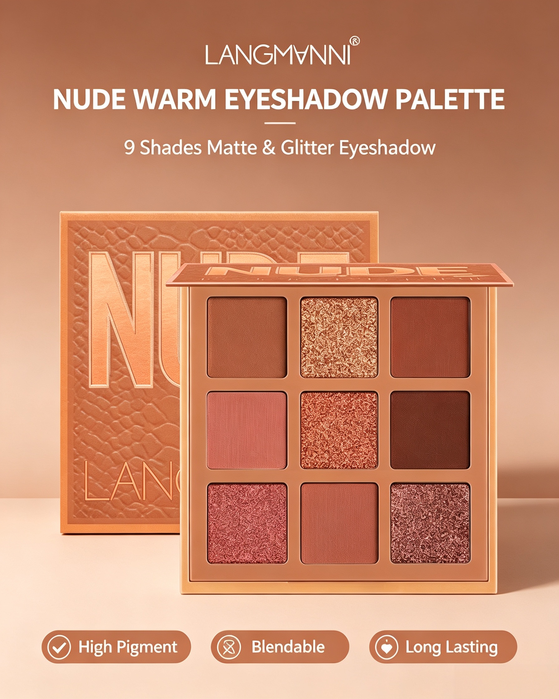LANGMVNNI Nude Warm 9-Color Eyeshadow Palette - Matte and Glitter Eye Makeup for a Radiant Look