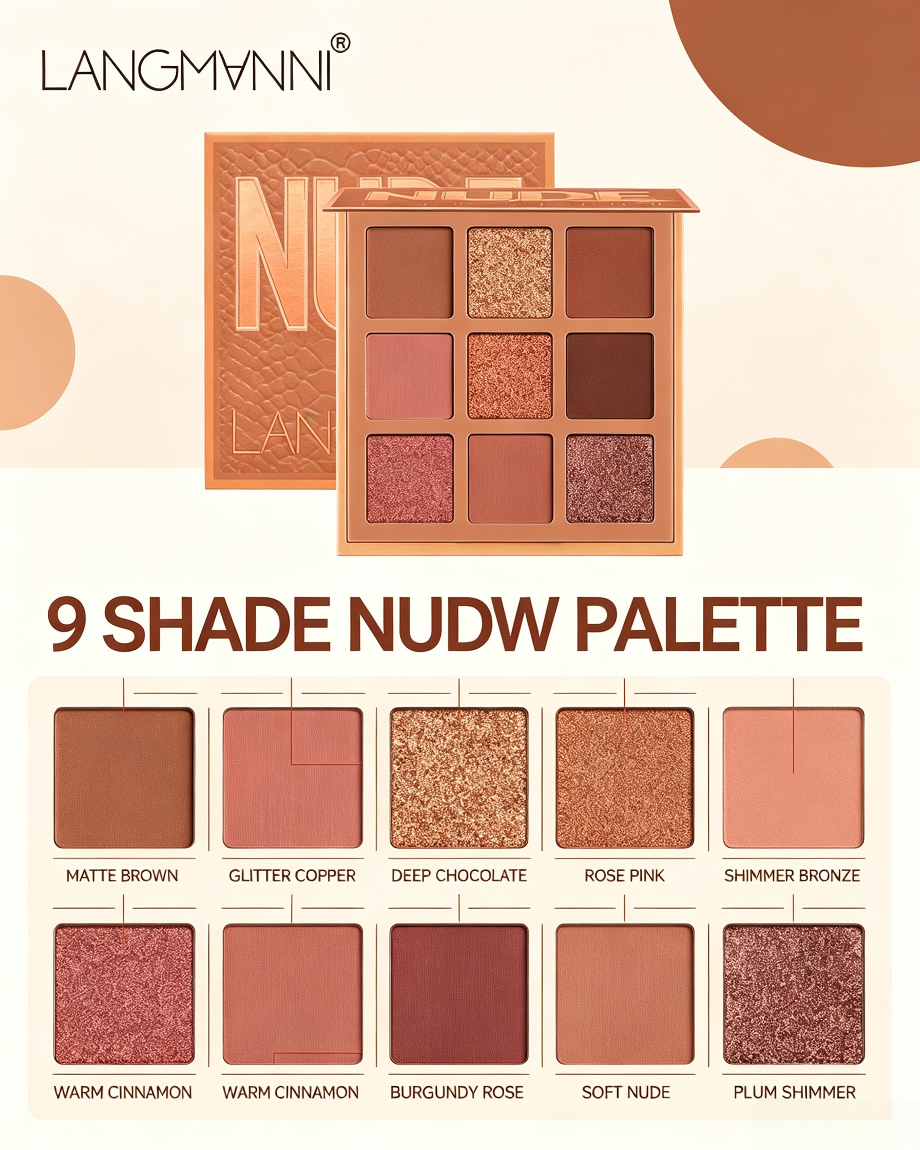 LANGMVNNI Nude Warm 9-Color Eyeshadow Palette - Matte and Glitter Eye Makeup for a Radiant Look
