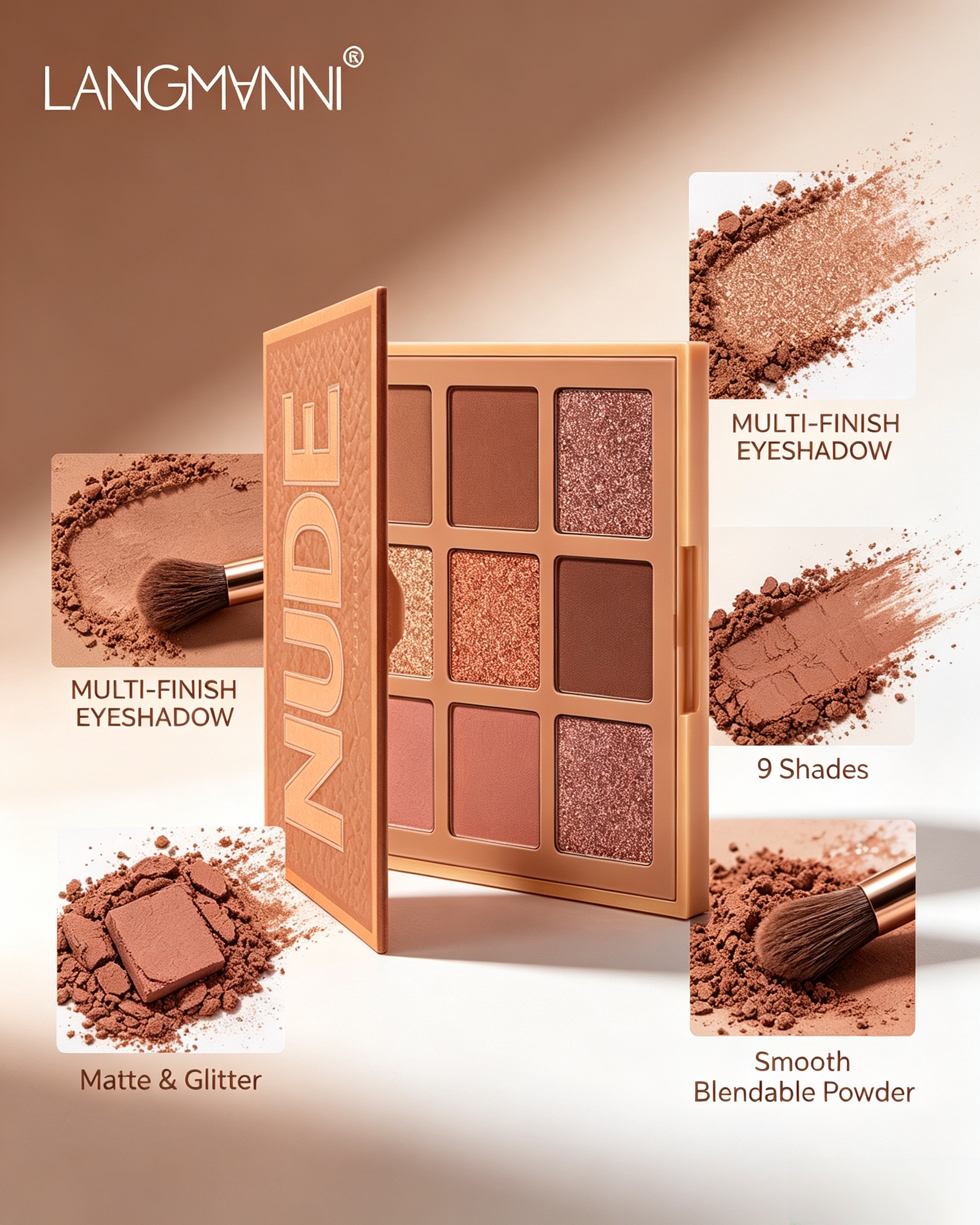 LANGMVNNI Nude Warm 9-Color Eyeshadow Palette - Matte and Glitter Eye Makeup for a Radiant Look