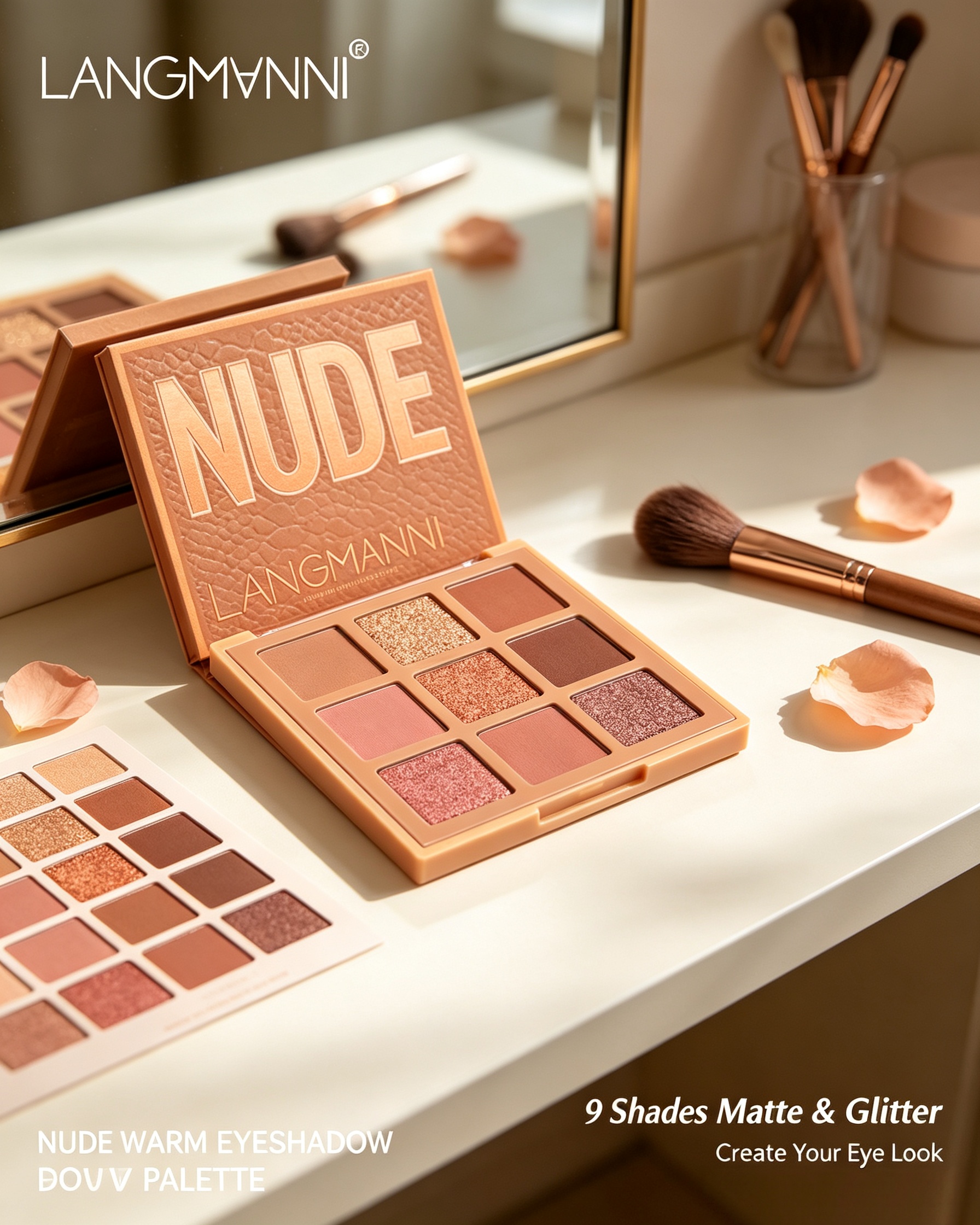 LANGMVNNI Nude Warm 9-Color Eyeshadow Palette - Matte and Glitter Eye Makeup for a Radiant Look