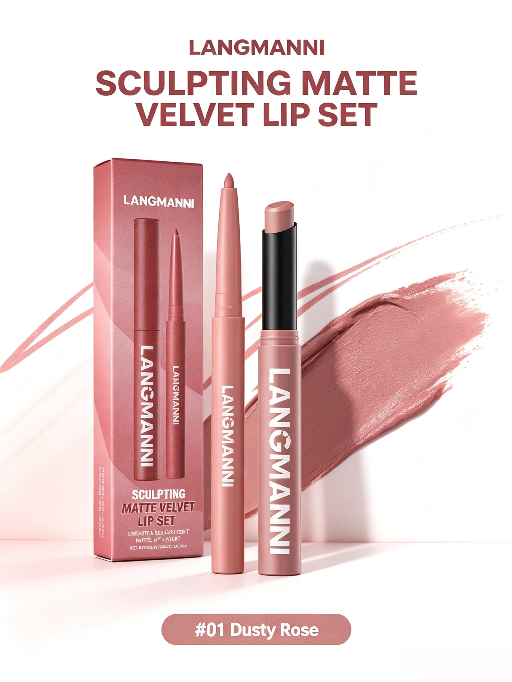 LANGMANNI Dusty Rose Matte Velvet Lip Set - Dual-Ended Liner and Lipstick