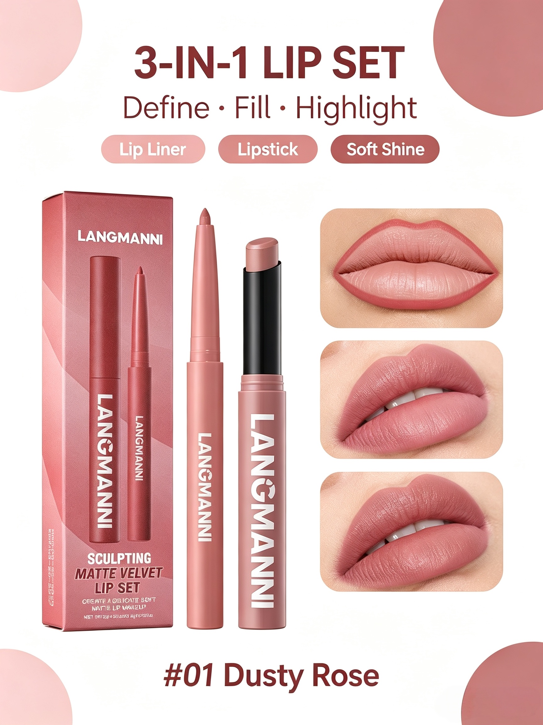 LANGMANNI Dusty Rose Matte Velvet Lip Set - Dual-Ended Liner and Lipstick