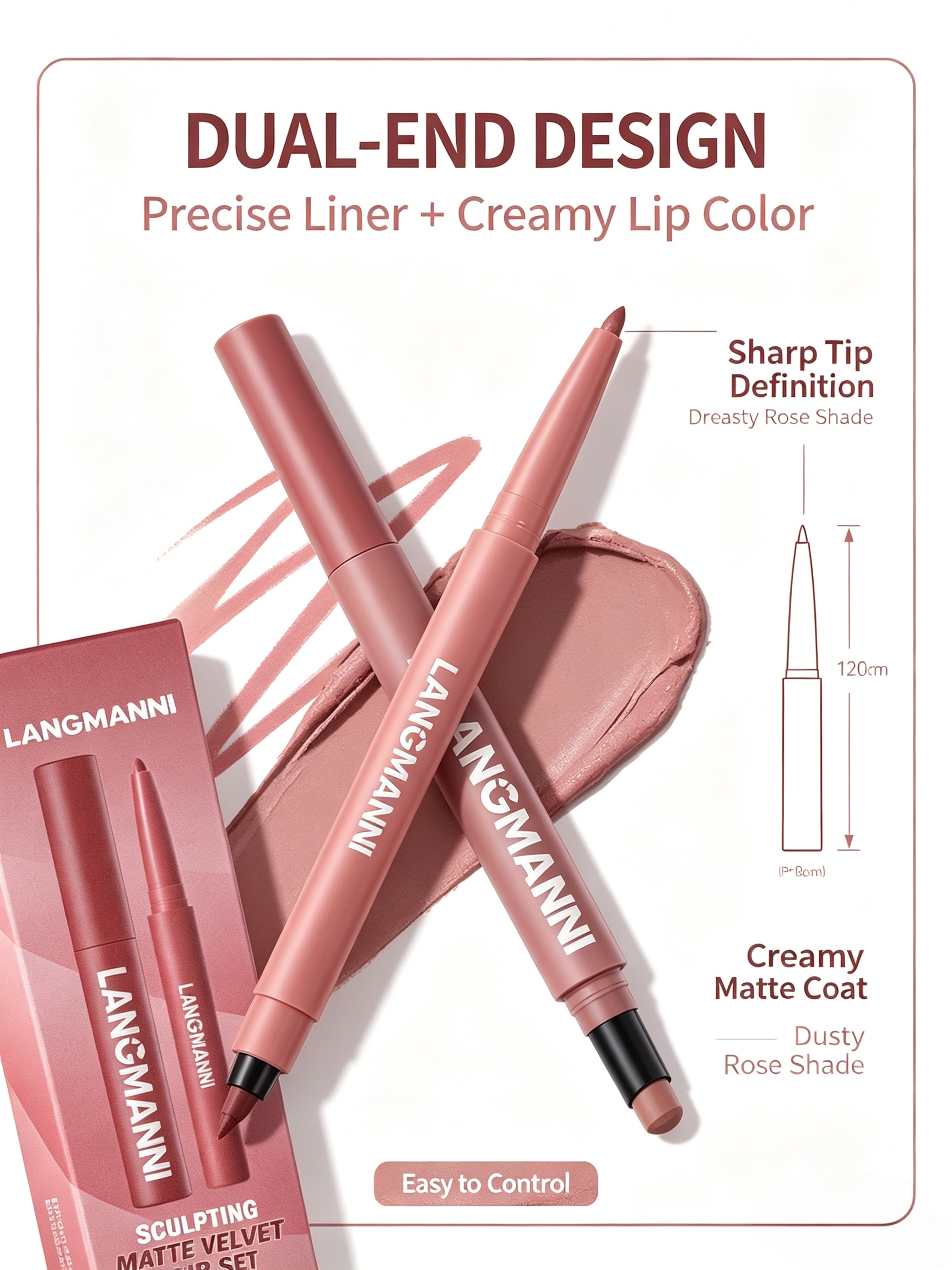 LANGMANNI Dusty Rose Matte Velvet Lip Set - Dual-Ended Liner and Lipstick