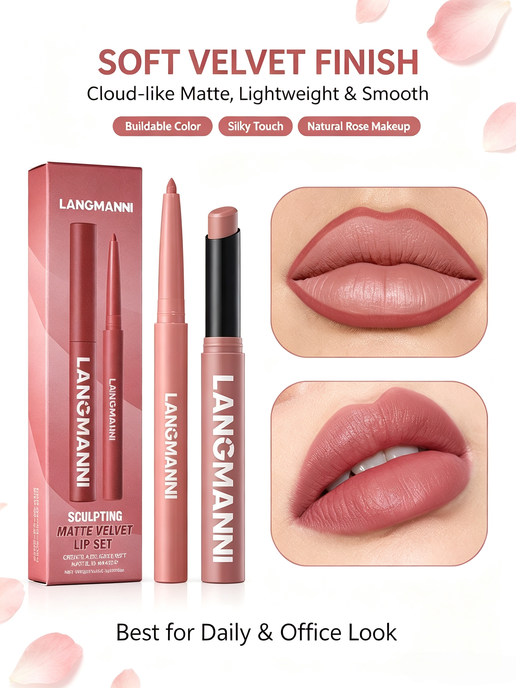 LANGMANNI Dusty Rose Matte Velvet Lip Set - Dual-Ended Liner and Lipstick