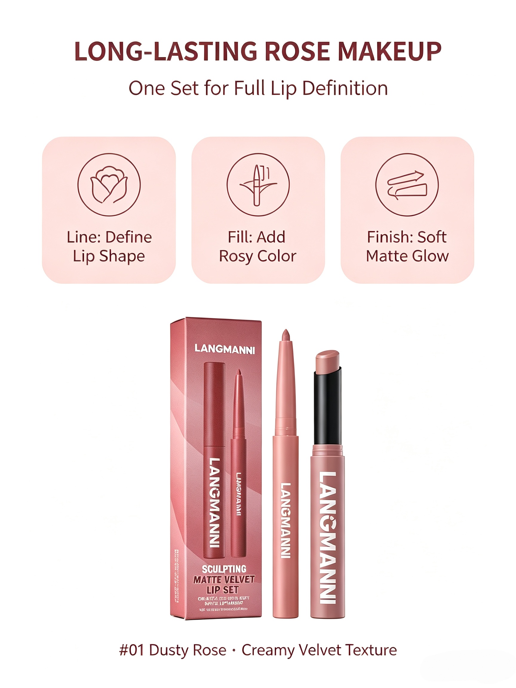 LANGMANNI Dusty Rose Matte Velvet Lip Set - Dual-Ended Liner and Lipstick
