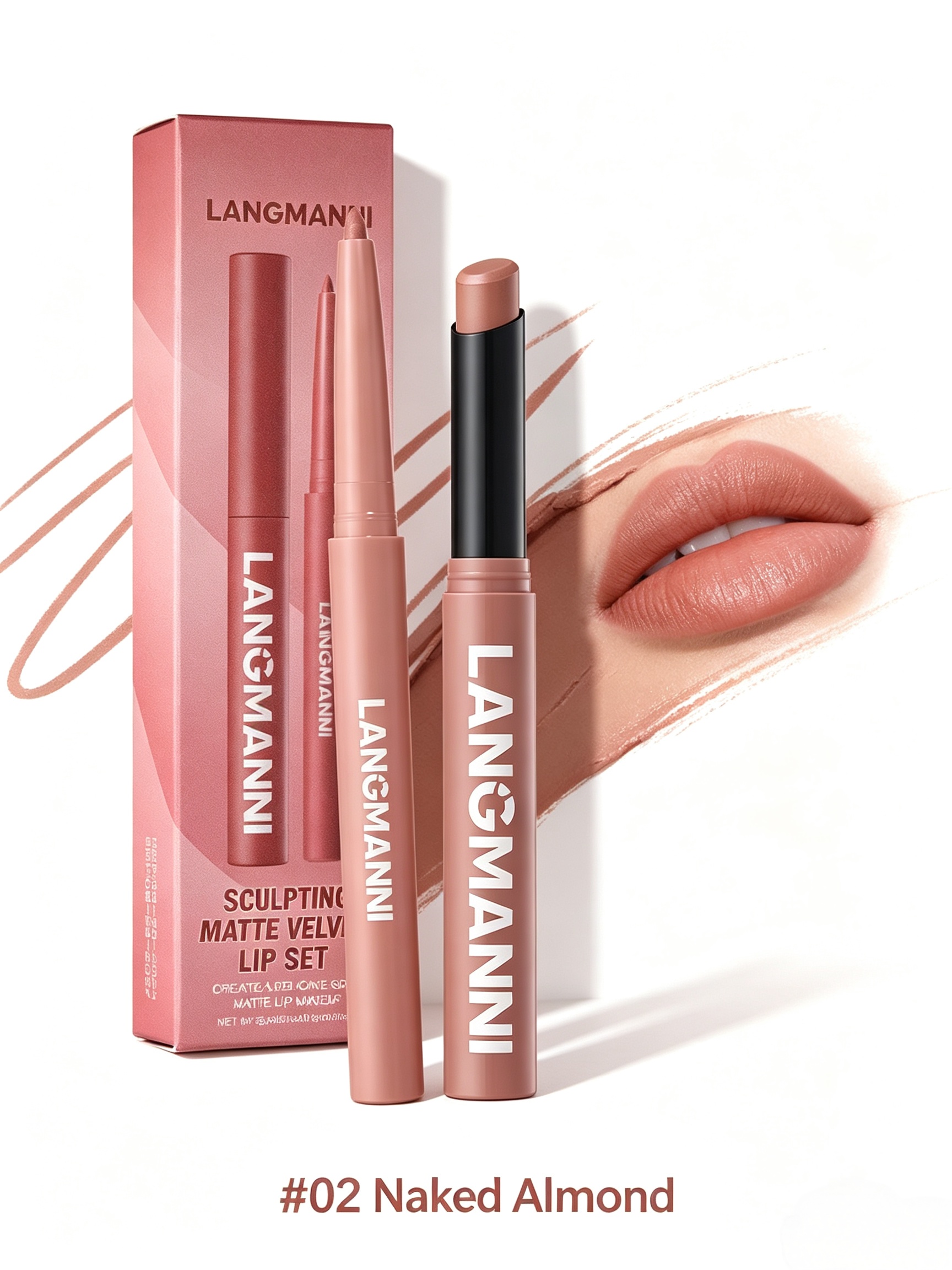 LANGMANNI #02 Naked Almond Matte Velvet Lip Set - Dual-Ended Liner and Lipstick
