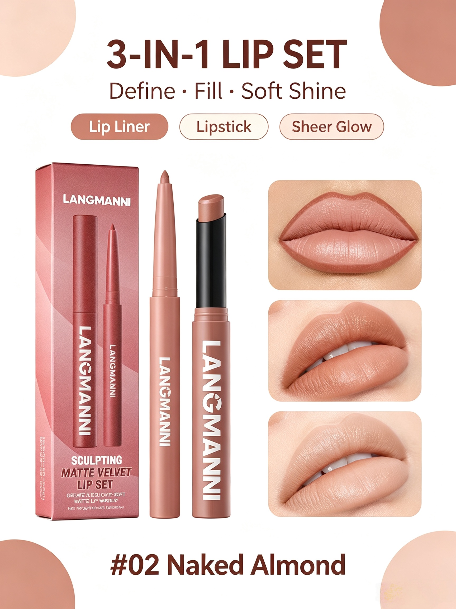 LANGMANNI #02 Naked Almond Matte Velvet Lip Set - Dual-Ended Liner and Lipstick