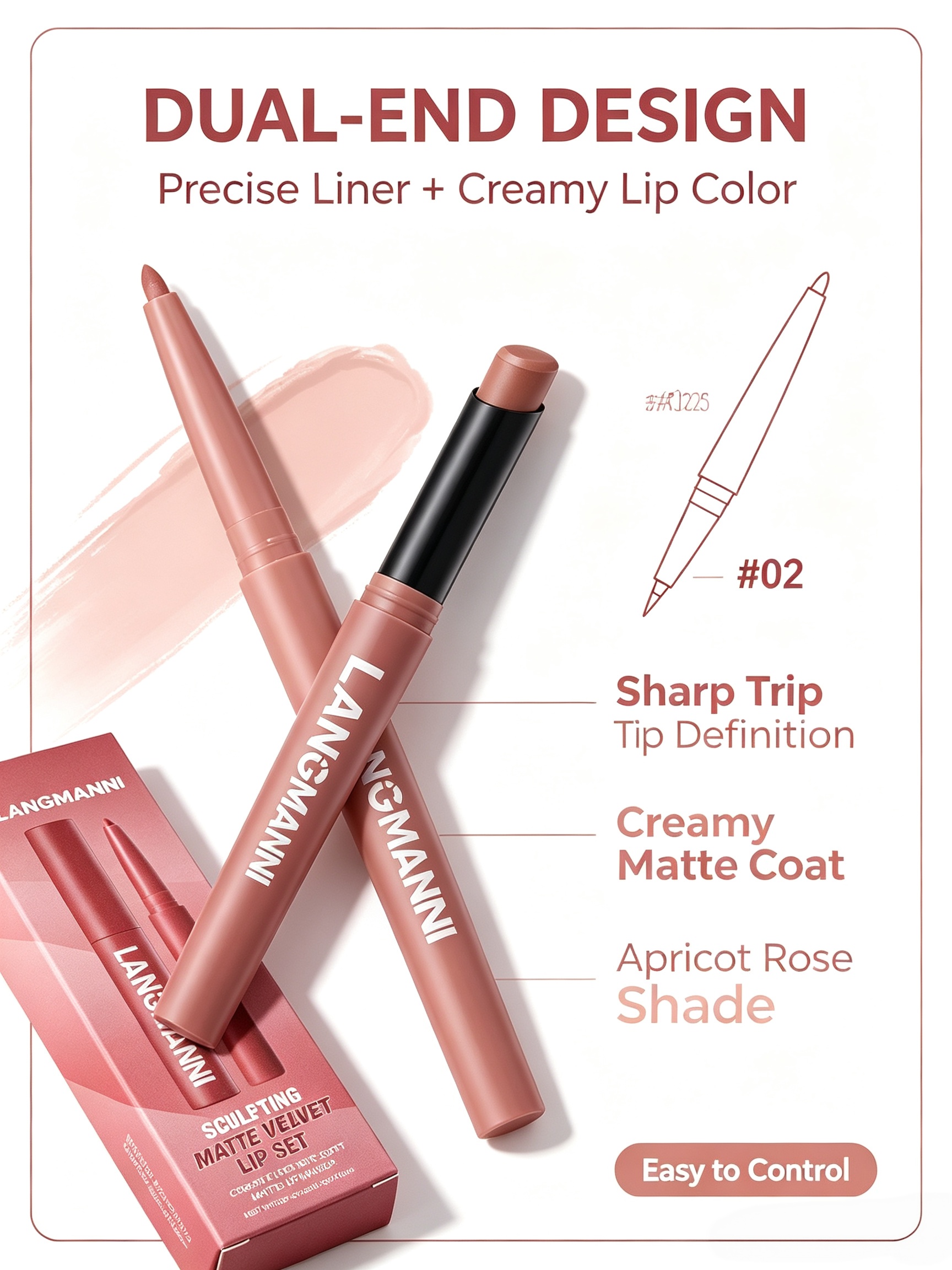 LANGMANNI #02 Naked Almond Matte Velvet Lip Set - Dual-Ended Liner and Lipstick