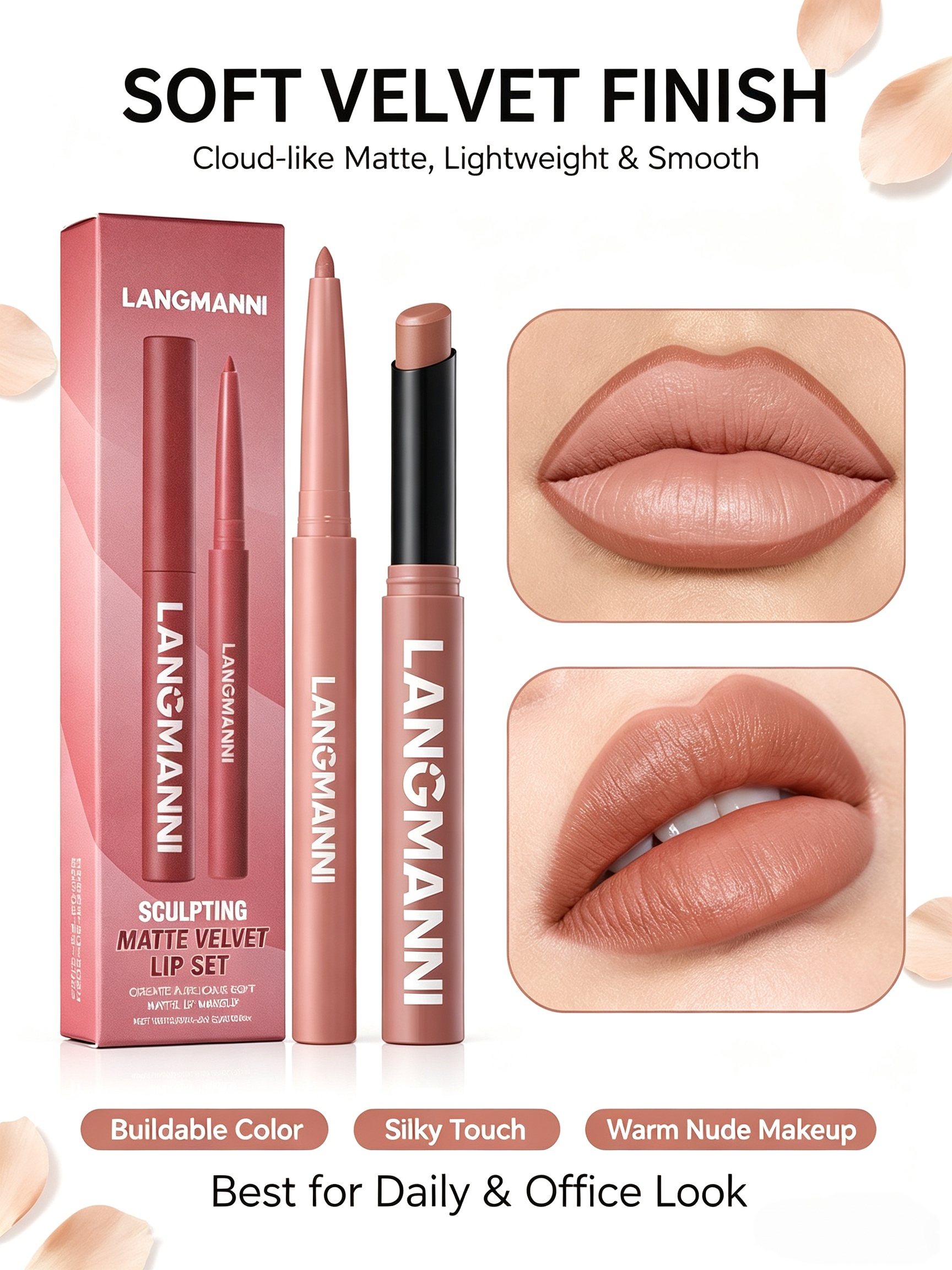 LANGMANNI #02 Naked Almond Matte Velvet Lip Set - Dual-Ended Liner and Lipstick