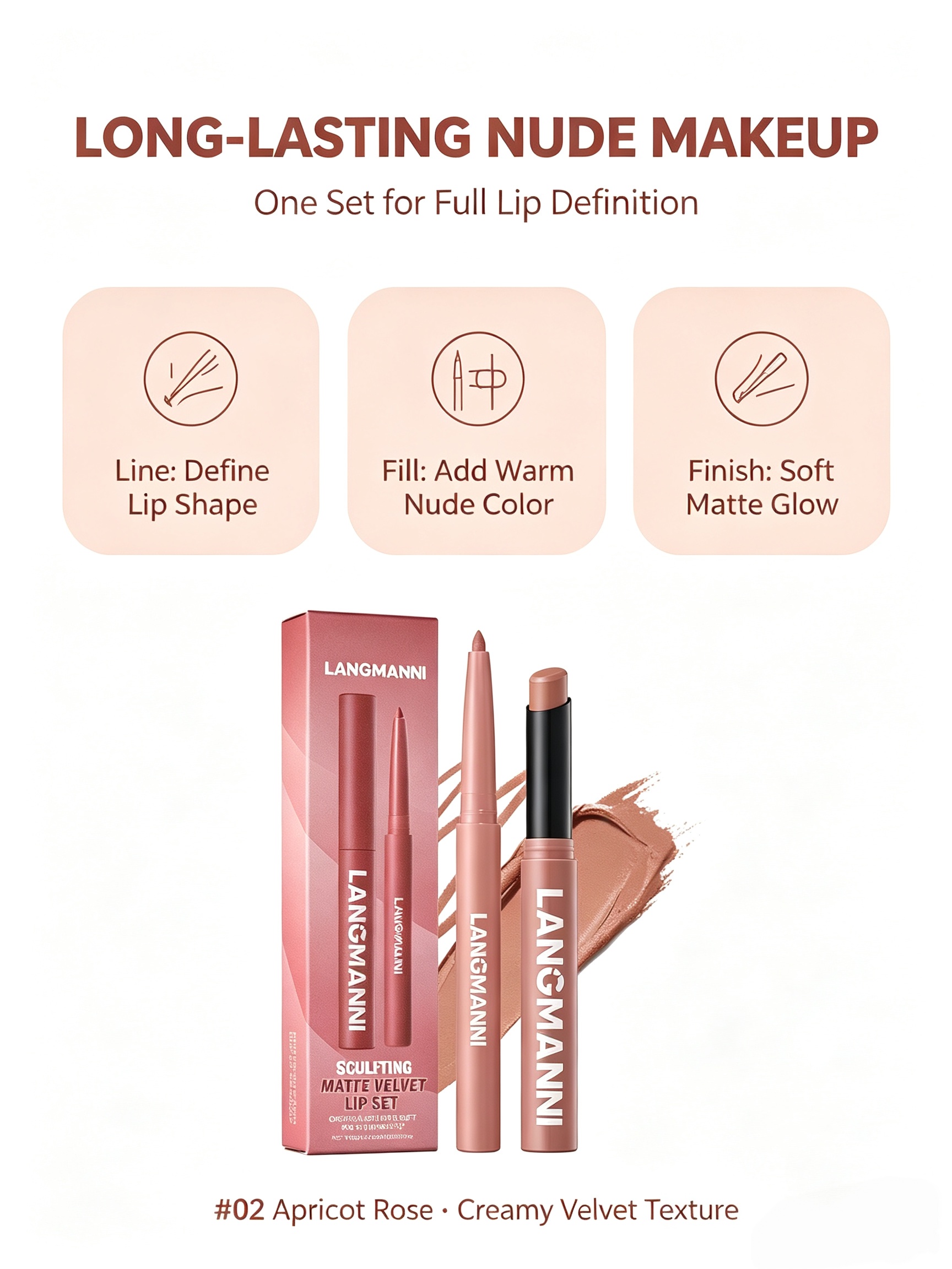 LANGMANNI #02 Naked Almond Matte Velvet Lip Set - Dual-Ended Liner and Lipstick