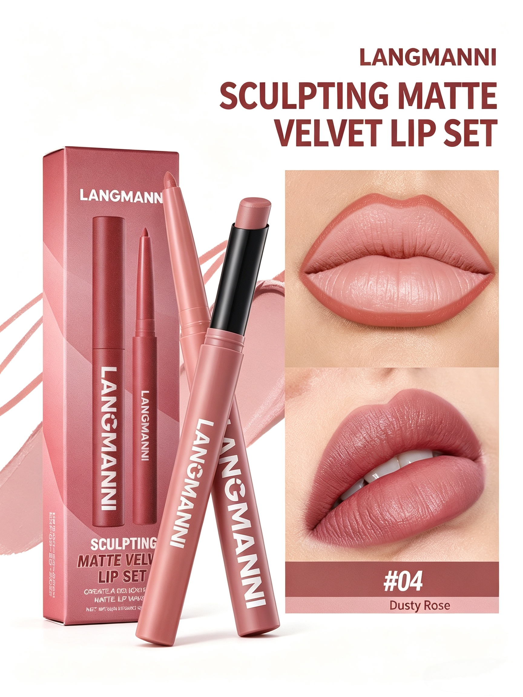 LANGMANNI Matte Velvet Lip Set - Dual-Ended Liner and Lipstick #04 Dusty Rose