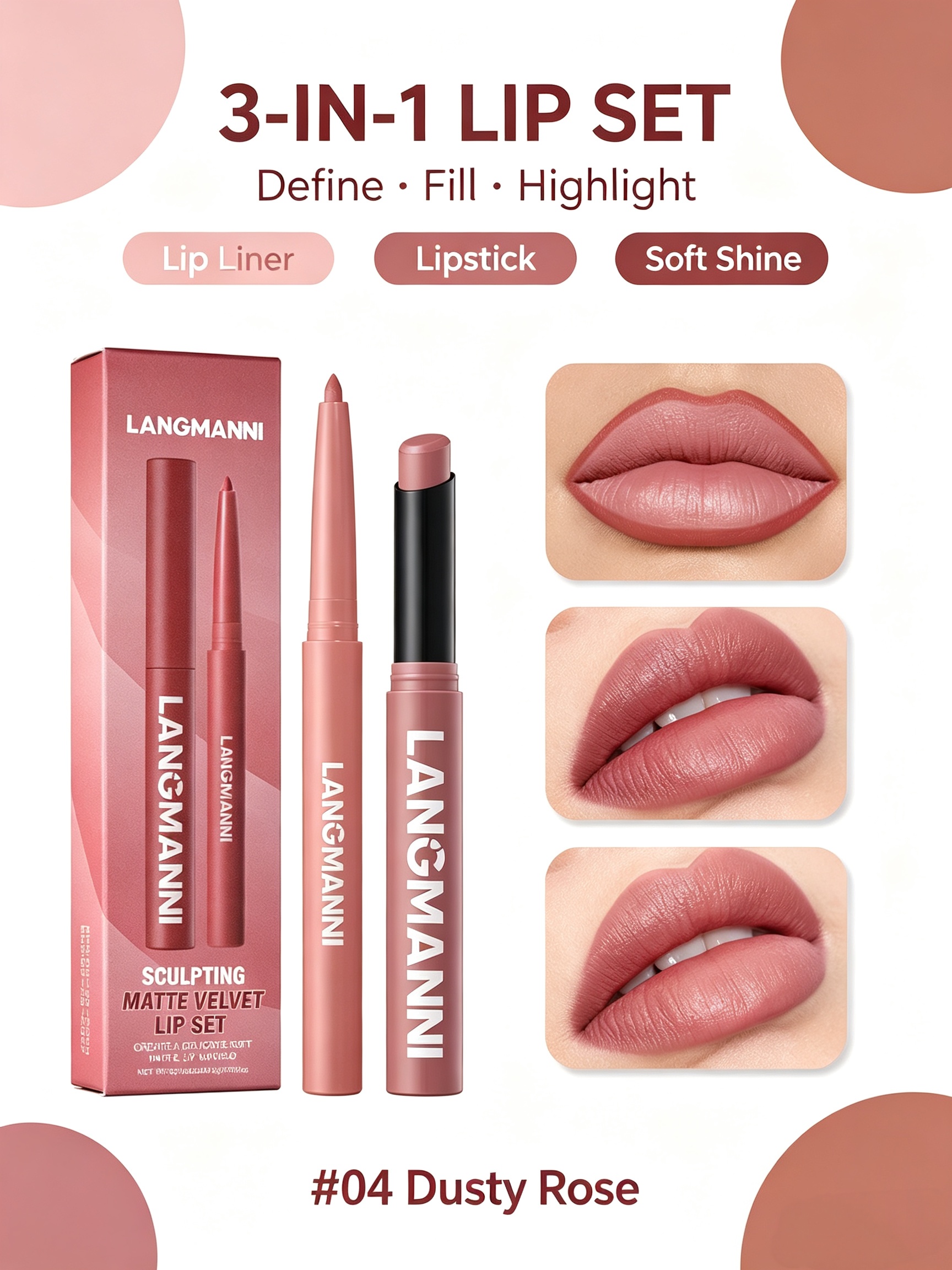 LANGMANNI Matte Velvet Lip Set - Dual-Ended Liner and Lipstick #04 Dusty Rose