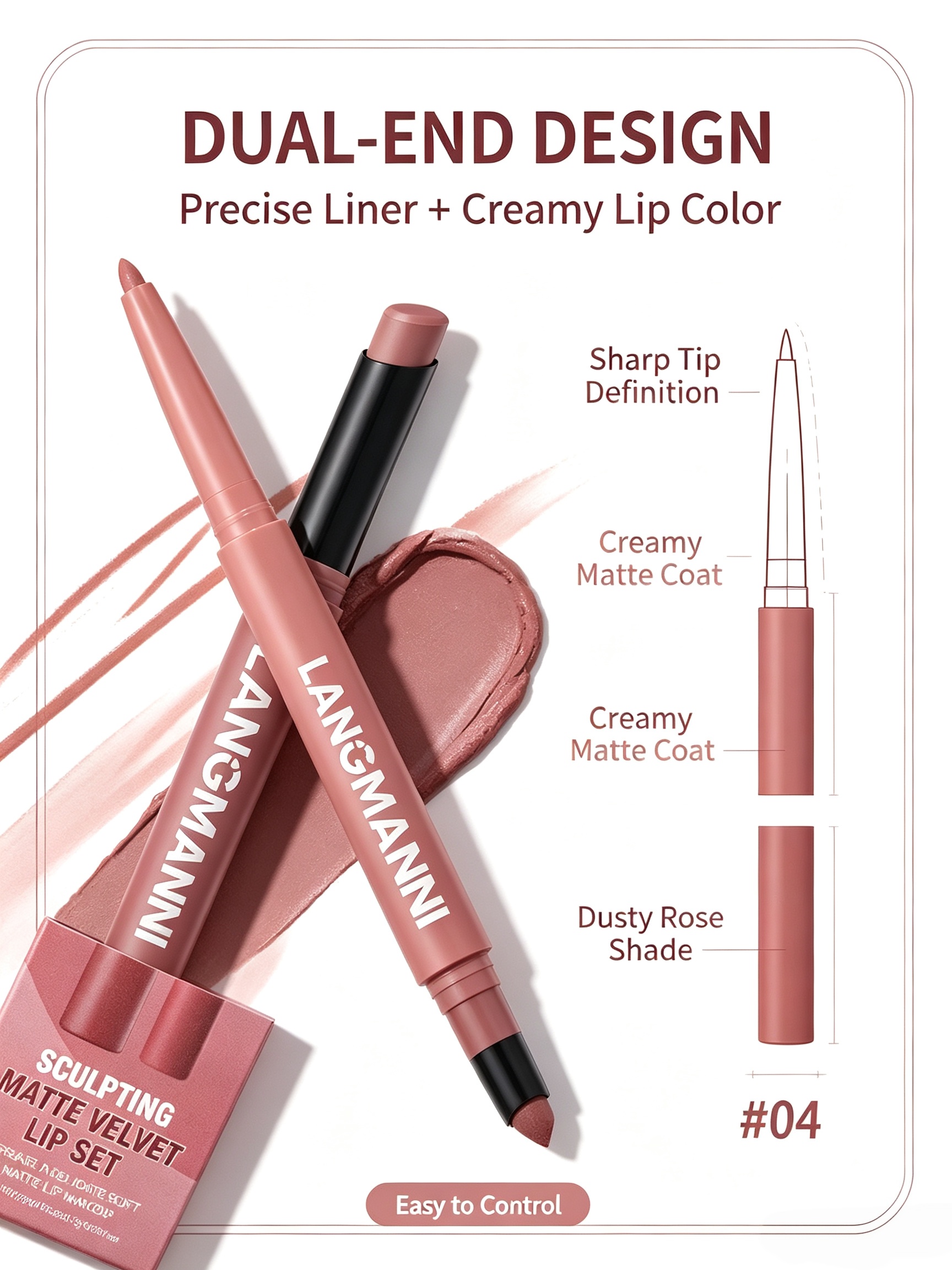 LANGMANNI Matte Velvet Lip Set - Dual-Ended Liner and Lipstick #04 Dusty Rose