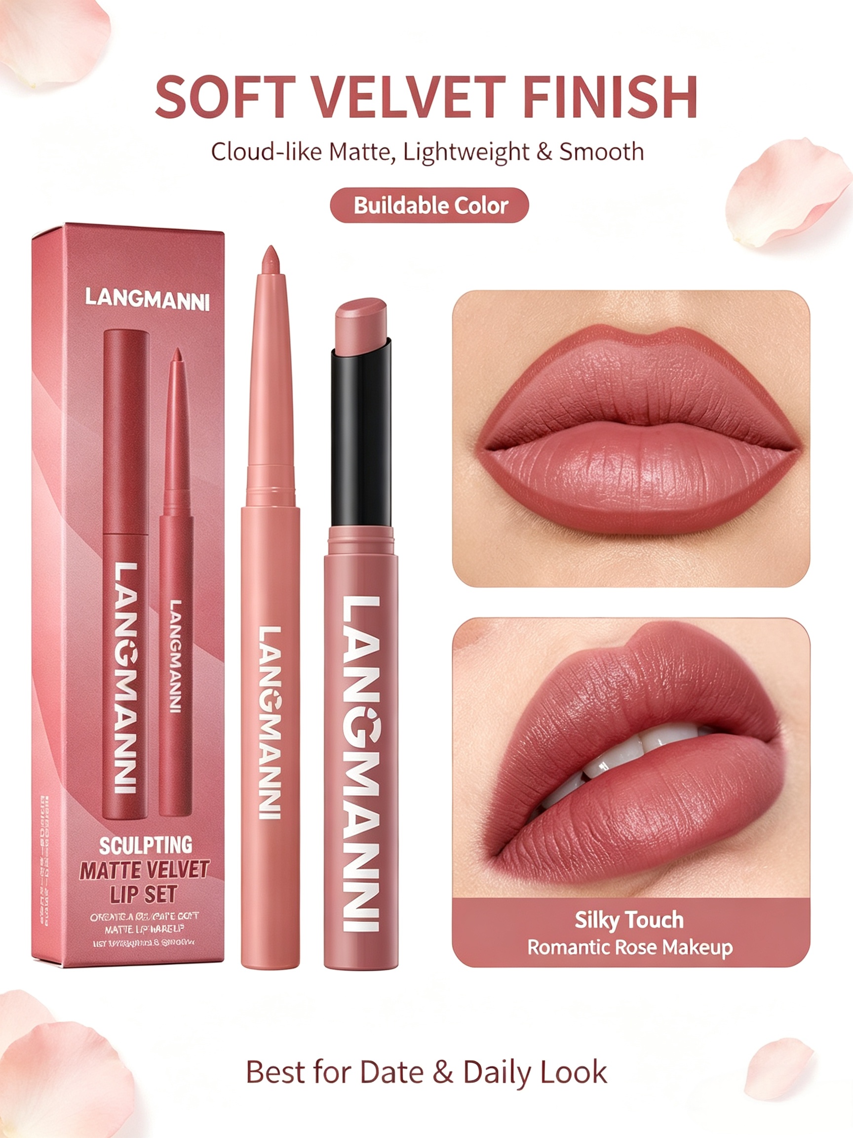 LANGMANNI Matte Velvet Lip Set - Dual-Ended Liner and Lipstick #04 Dusty Rose