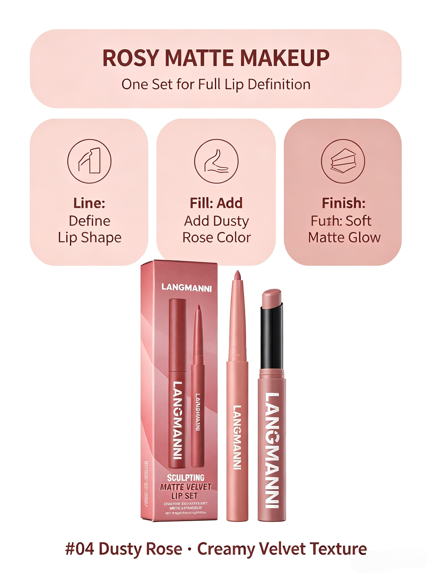 LANGMANNI Matte Velvet Lip Set - Dual-Ended Liner and Lipstick #04 Dusty Rose