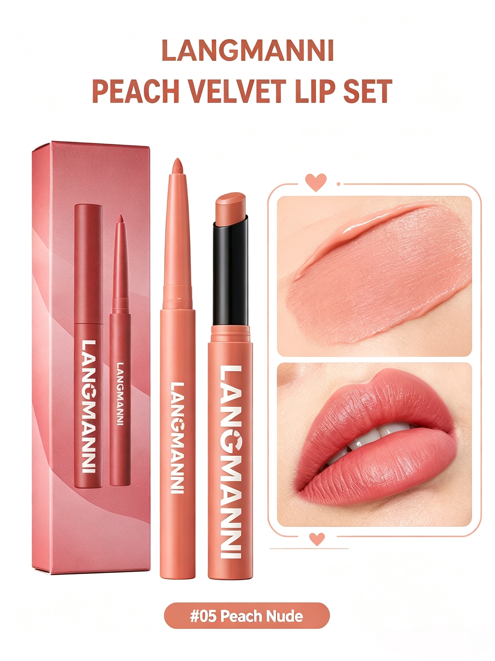LANGMANNI Peach Velvet Matte Lip Set with Liner - #05 Coral Nude