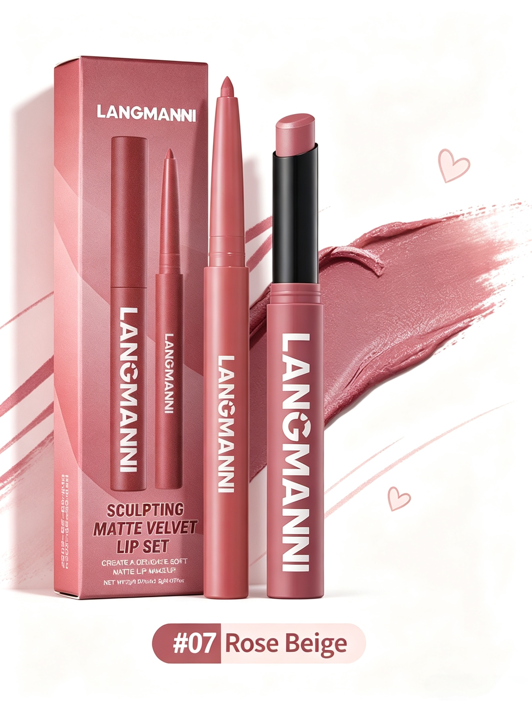 LANGMANNI #07 Rose Beige Matte Velvet Lip Set - Dual-Ended Liner and Lipstick