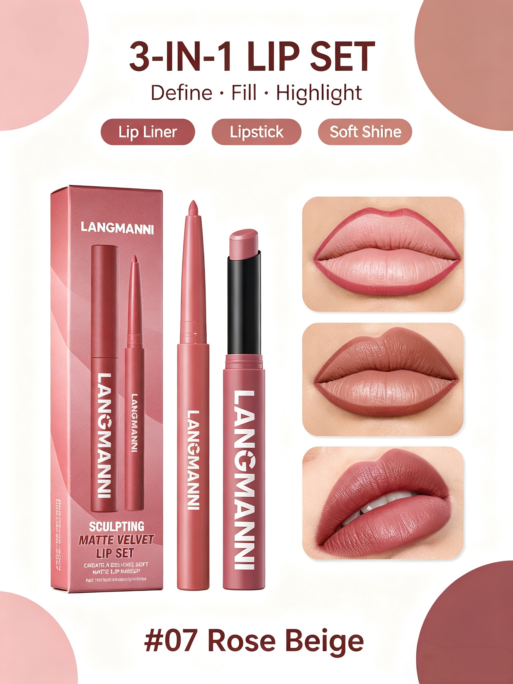 LANGMANNI #07 Rose Beige Matte Velvet Lip Set - Dual-Ended Liner and Lipstick
